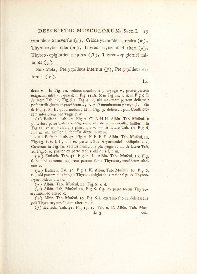 tsenoideus transverfus (u), Cricoarytenoidei laterales (V) Thyreoarytenoidei (x), Thyreo - arytsenoidei alteri (V).9 Thyreo - epiglottici majores (/3), Thyreo - epiglottici mi- nores (y). Sub Mala, Pterygoideus internus (j), Pterygoideus ex* ternus In- deam /w. In Ffg. 12. velatus membrana pharyngis v, preter partem exiguam, infra , quae & in Fig. u.A. & in Fig. 10. n. & in Fig.9.1. A latere Tab. 10. Fig. 6. a. Fig. 5. <P. ubi maximam partem delitescit poli cartilaginem thyreoideam & poft membranam pharyngis. Sic & Fig. 4. eP. Et quod nudum, id in Fig, 3. delitescit poft Conftrido- rem inferiorem pharyngis z. (j) Euftach. Tab. 42. Fig. 2. G. & H.II. Albin. Tab. Mufcul. a pofteriore parte Tab. 10. Fig. 13. ». ubi dexcrum decuflat finifter. .In Fig. 12. velati membrana pharyngis v. — A latere Tab. 10. Fig, 6. l.m.m ubi finifter 1. decuilat dextrum nr.m. 0u) Euftach. Tab. 42. Fig, z. F. F. F. F. Albin. Tab. Mufcul. 10. Fig. 13. 6. 0. 0. 0., ubi ex parte tedus Arytenoideis obliquis. ». n» Ceterum in Fig. 12. velatus membrana pharyngis v. — A latere Tab. 10. Fig.6. o. pariter ex parte tedus obliquis l.m.m. (w) Euftach. Tab. 42. Fig. 1. L. Albin. Tab. Mufcul. 10. Fig. 6. b. ubi extremo majorem partem fubit Thyreoarytenoideum alte- rum c. (#) Euftach. Tab. 42. Fig. 1. K. Albin. Tab. Mufcul. 10. Fig. 61 e., ubi partem ejus integit Thyreo - epiglotticus major f. g. <3c Thyreo arytenoideus alter c. (et) Albin. Tab. Mufcul. 11. Fig.6, c d. (#) Albin. Tab. Mufcuhio, Fig.6. f.g. ex parte tedus Thyreo* arytenoideo altero c. (>) Albin. Tab. Mufcul. 10. Fig. 6. i. extremo fuo ibi delitescens poft Thyreoarytenoideum alterum, c. (y) Euftac!}. Tab. 41. Fig. 13. r. Tab. 2. F.1 Albin. Tab. Mus* E .3 N cuL