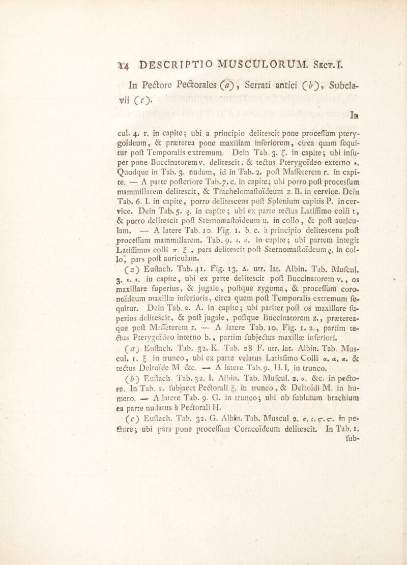 In Pedore Pedorales (V), Serrati antici Subcla- vii (c)* cui. 4. r. in capite; ubi a principio delitescit pone procedam ptery- goideum, & prreterea pone maxillam inferiorem, circa quam fequi- uir pod Temporalis extremum. Dein Tab. 3. %. in capite; ubi infu- per pone Buccinatorem v. delitescit, & tedus Pterygoideo externo Quodque in Tab. 3. nudum, id in Tab. 2. pod Madeterem r. in capi- te. — A parte poderiore Tab.7. c. in capite; ubi porro podprocesfum mammillarem delitescit, & Trachelomadoideum z.B. in cervice. Dein Tab. 6. I. in capite, porro delitescens pod Splenium capitis P. in cer- vice. Dein Tab. 5. in capite; ubi ex parte tectus Latidimo colli t, & porro delitescit pod Sternomadoideum u. in collo, & pod auricu- lam. — A latere Tab. 10. Fig, i. b, c. a principio delitescens pod procedam mammillarem, Tab. 9, /. in capite; ubi partem integit Latidlmus colli tt £ , pars delitescit pod Sternomadoideum g. in col- lo, pars pod auriculam. Qz') Eudach. Tab. 41. Fig. 13. A. utr. lat. Albin. Tab. Mufcul. 3. e. g. in capite, ubi ex parte delitescit pod Buccinatorem v., os maxillare fuperius, & jugale, podque zygoma, & procedum coro- noideum maxilla inferioris, circa quem pod Temporalis extremum fe- quitur. Dein Tab. 2. A. in capite; ubi pariter pod os maxillare fu- perius delitescit, & pod jugale, podque Buccinatorem z., prreterea- que pod Madeterem r. —■ A latere Tab. 10. Fig. 1, a,, partim te- dus Pterygoideo interno b., partim fubjedus maxillae inferiori. Qaj Eudach. Tab. 32. K, Tab. 28 F. utr. lat, Albin. Tab. Mus- cul. r. £ in trunco, ubi ex parte velatus Latisfimo Colli «*. <£. & cedus Deltoide M. &c. — A latere Tab.9. ILI. in trunco. (Z>) Eudach Tab. 32. I. Albio. Tab. Mufcul. 2. tu &c, in pedo- re. In Tab. 1. fubjacct Pedorali g. in trunco, & Deltoidi M. in hu- mero. — A latere Tab. 9, G. in trunco; ubi ob fublatum brachium ea parte nudatus a Pedorali H. (c) Eudach. Tab. 32. G. Albin. Tab. Muscul. 2. tr. ?*<?.$•. in pe- dore; ubi pars pone procedum Coracoideum delitescit. In Tab. 1. fub- /