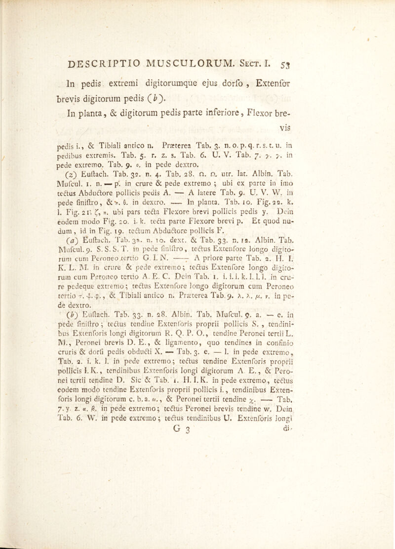 In pedis, extremi digitorumque ejus dorfo , Extenfor brevis digitorum pedis (£). In planta, & digitorum pedis parte inferiore. Flexor bre- vis pedis i., & Tibiali antico 11. Pneterea Tab. 3. n. 0. p. q. r. s. t. u. in pedibus extremis. Tab. 5. r. z. s. Tab. 6. U. V. Tab. 7. y. y. in pede extremo. Tab. 9. 0. in pede dextro. (V) Eultach» Tab. 32. n. 4. Tab. 28. n. nr utr. Iat. Albin. Tab,, Mufcul. 1. n. — p. in crure & pede extremo ; ubi ex parte in imo tedtus Abductore pollicis pedis A. — A latere Tab. 9. U. V. W, in pede finiltro, &*». 6. in dextro. ™ In planta. Tab. 10. Fig. 22. k. 1. Fig. 211 d, m. ubi pars tedta Flexore brevi pollicis pedis y. Dein eodem modo Fig. 20. i. k. tecta parte Flexore brevi p. Et quod nu- dum , id in Fig. 19. tedtum Abdudtor.e pollicis F. (aj fiuftach. Tab. 3*. n. 10. dexc. & 'Tab. 33. n. f£. Albin. Tab. Mufcul. 9. S. S.S.T. in pede finiftro, tedtus Extenfore longo digito- rum cum Peroneo xenio G I. N. r A priore parte Tab. 2. H. I. K. L. M. in crure & pede extremo; tedtus Extenfore longo digito- rum cum Peroneo tertio A. E, C. Dein Tab. 1. i. i. i. k. L 1. J. in cru- re pedeque extremo; tedtus Extenfore longo digitorum cum Peroneo tertio r. 4. <f>., & Tibiali antico n. Praeterea Tab, 9. a. a. /u. y. in pe- de dextro. (£) Euftach. Tab. 33. n. 28. Albin. Tab. Mufcul» 9. a. — e. in pede fini liro ; tedtus tendine Exterioris proprii pollicis S. , tendini- bus Extenforis longi digitorum R. Q, P. O., tendine Peronei tertii L. M., Peronei brevis D. E., & ligamento, quo tendines in confinio cruris & dorli pedis obducti X. Tab. 3. e. — 1. in pede extremo, Tab. 2. i. k. 1. in pede extremo; tedtus tendine Extenforis proprii pollicis I. K., tendinibus Extenforis longi digitorum A E., & Pero- nei tertii tendine D. Sic & Tab. i. H. I. K. in pede extremo, tedtus eodem modo tendine Extenforis proprii pollicis i., tendinibus Exten- foris longi digitorum c. b.a. &>., & Peronei tertii tendine x- — Tab. 7.y. z. a. & in pede extremo; tedtus Peronei brevis tendine w. Dein Tab. 6, W. in pede extremo; tedtus tendinibus U. Extenforis iongi G 3 dF