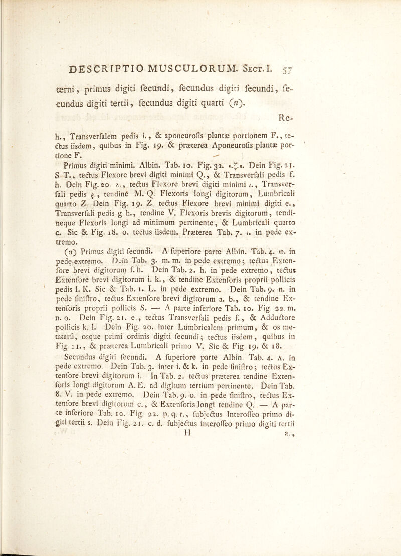 terni5 primus digiti fecundi, fecundus digiti fecundi, fe- cundus digiti tertii, fecundus digiti quarti (n). r 3 r>-‘ ’ ^ ; - , > Re- h., Transvcrfalem pedis i., & aponeurofis planta portionem F., te- dius iisdem, quibus in Fig. 19. & praeterea Aponeurofis plantas por- tione F. Primus digiti minimi. Albin. Tab. 10. Fig. 32. €.7«. Dein Fig. aj. S T., te&us Flexore brevi digiti minimi Q., & Transverfali pedis f. h, Dein Fig. 20 a,, te&us Flexore brevi digiti minimi , Transver- fali pedis $ , tendine M. Q Flexoris longi digitorum. Lumbricali quarto Z Dein Fig. 19. Z tedfcus Flexore brevi minimi digiti e., Transverfali pedis g h., tendine V. Flexoris brevis digitorum, tendi- neque Flexoris longi ad minimum pertinente, & Lumbricali quarto c. Sic & Fig. 18. o. tettus iisdem. Praeterea Tab. 7. e. in pede ex- tremo. (n) Primus digiti fecundi. A fuperiore parte Albin. Tab. 4. e. in pede extremo. Dein Tab. 3. m. m. in pede extremo ; tedtus Exten- fore brevi digitorum f. h. Dein Tab. 2. h. in pede extremo, tedlus Excenfore brevi digitorum i. k., & tendine Extenforis proprii pollicis pedis i. K. Sic & Tab. i» L. in pede extremo. Dein Tab. 9. n. in pede finiftro, tedtus Excenfore brevi digitorum a. b., & tendine Ex- tenforis proprii pollicis S. — A parte inferiore Tab. 10. Fig, 22. m. n. 0. Dein Fig. 21. e., tedtus Transverfali pedis f., & Addudtore pollicis k. 1. Dein Fig. 20. inter Lumbricalem primum, & os me- tatarfi, osque primi ordinis digiti fecundi; tedlus iisdem, quibus in Fig. 21., & prseterea Lumbricali primo V. Sic & Fig 19. & 18. Secundus digiti fecundi. A fuperiore parte Albin Tab. 4. A. in pede extremo. Dein Tab. 3. inter i. & k. in pede finiflro; tedhis Ex- tenfore brevi digitorum i. I11 Tab. 2. tedlus prteterea tendine Exten- foris longi digitorum A. E. ad digitum tertium pertinente. Dein Tab. 8. V. in pede extremo. Dein Tab. 9. o. in pede (inillro, tedlus Ex- temore brevi digitorum c., & Extenforis longi tendine Q.— A par- te inferiore Tab. 10. Fig. 22. p. q. r., fubjedlus Interofieo primo di- giti tertii s. Dein Fig. 21. c. d. fubjedtus interolfeo primo digiti tertii H a. ,