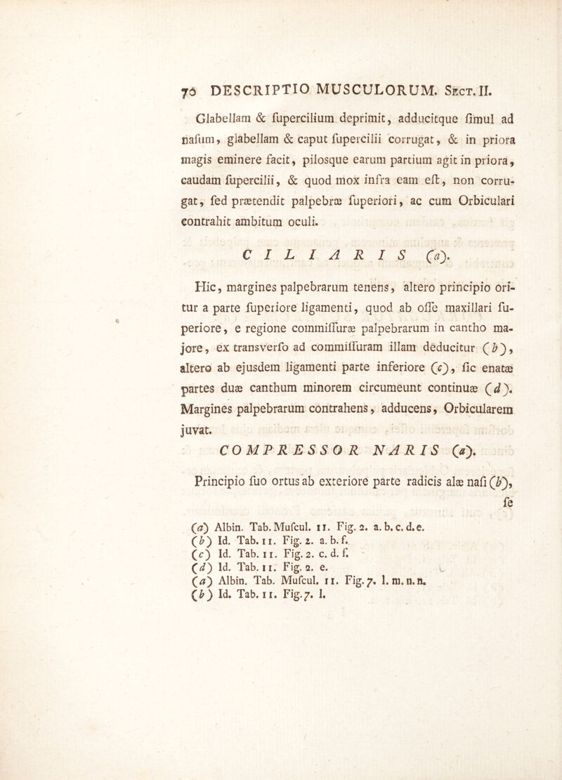 Glabellam & fupercilium deprimit, adducitque fimul ad nafum, glabellam & caput fupercilii corrugat, & in priora magis eminere facit, pilosque earum partium agit in priora, caudam fupercilii, & quod mox infra eam eft, non corru- gat, fed praetendit palpebra fuperiori, ac cum Orbiculari contrahit ambitum oculi. CILIARIS (ay Hic, margines palpebrarum tenens, altero principio ori- tur a parte fuperiore ligamenti, quod ab olfe maxillari fu- periore, e regione commiffurae palpebrarum in cantho ma- jore, ex transverfo ad commiffuram illam deducitur (_ ZQ, altero ab ejusdem ligamenti parte inferiore Cj), lic enatae partes duae canthum minorem circumeunt continuae (<Z). Margines palpebrarum contrahens, adducens, Orbicularem juvat. f - . . COMPRESSOR NARIS (a). Principio fuo ortus ab exteriore parte radicis alte nafi (¥), fe (a') Albin. Tab.Mufcul. II. Fig. 2. a.b.c.d.e. (A) Id. Tab. 11. Fig. 2. a. b. f. (c) Id. Tab. 11. Fig. 2. c. d. f. £d) ld. Tab. 11; Fig. a. e. (d) Albin. Tab. Mufcul. 11. Fig. 7. 1. m. n.n.