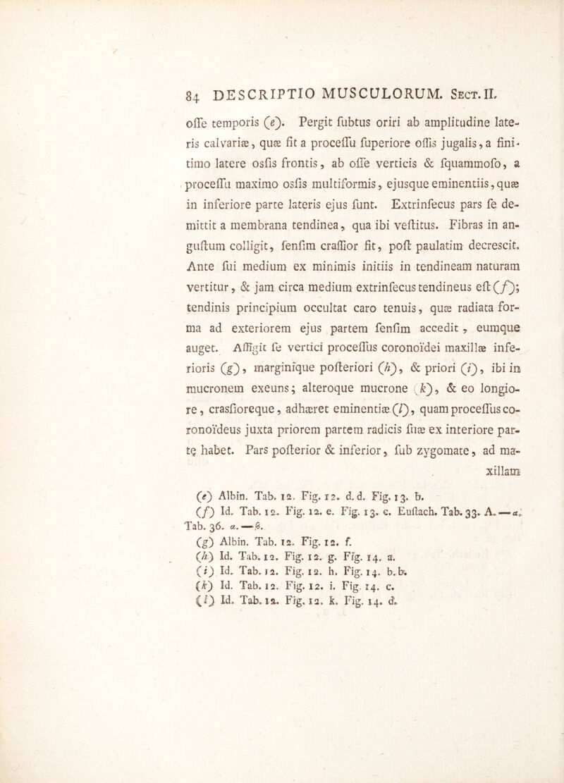 ofle temporis (e). Pergit fubtus oriri ab amplitudine late- ris calvarite, quae fit a proceflu fuperiore offis jugalis,a fini- timo latere osfis frontis, ab ofle verticis & fquammofo, a , proceflu maximo osfis multiformis, ejusque eminentiis,quas in inferiore parte lateris ejus funt. Extrinfecus pars fe de- mittit a membrana tendinea, qua ibi veftitus. Fibras in an- guflum colligit, fenfim craffior fit, poft paulatim decrescit. Ante fui medium ex minimis initiis in tendineam naturam vertitur, & jam circa medium extrinfecus tendineus eft (/); ♦ * V tendinis principium occultat caro tenuis, quas radiata for- ma ad exteriorem ejus partem fenfim accedit , eumque auget. Affigit fe vertici proceflus coronoidei maxillas infe- rioris (g), marginique pofteriori (h), & priori (i), ibi in mucronem exeuns; alteroque mucrone (k), & eo longio- re, crasfioreque, adhasret eminentite(T), quam proceflus co- ronoideus juxta priorem partem radicis fuas ex interiore par- te habet. Pars pofterior & inferior, fub zygomate, ad ma- xillam {>', Albin. Tab. 12, Fig. 12. d. d. Fig. 13. b. (/) Id. Tab. 12. Fig. 12. e. Fig. 53. c. Euftach. Tab. 33. A Tab. 36. a, —,S. (g) Albin. Tab. 12. Fig. 12. f. (A) Id. Tab. 12. Fig. 12. g. Fig. 14. a. (i) Id, Tab. 12. Fig. 12. h. Fig. 34, b.b. {k') Id. Tab. 12. Fig. 12. i. Fig 14. c. CO Id. Tab. ia. Fig. 12. k. Fig. 14. d.