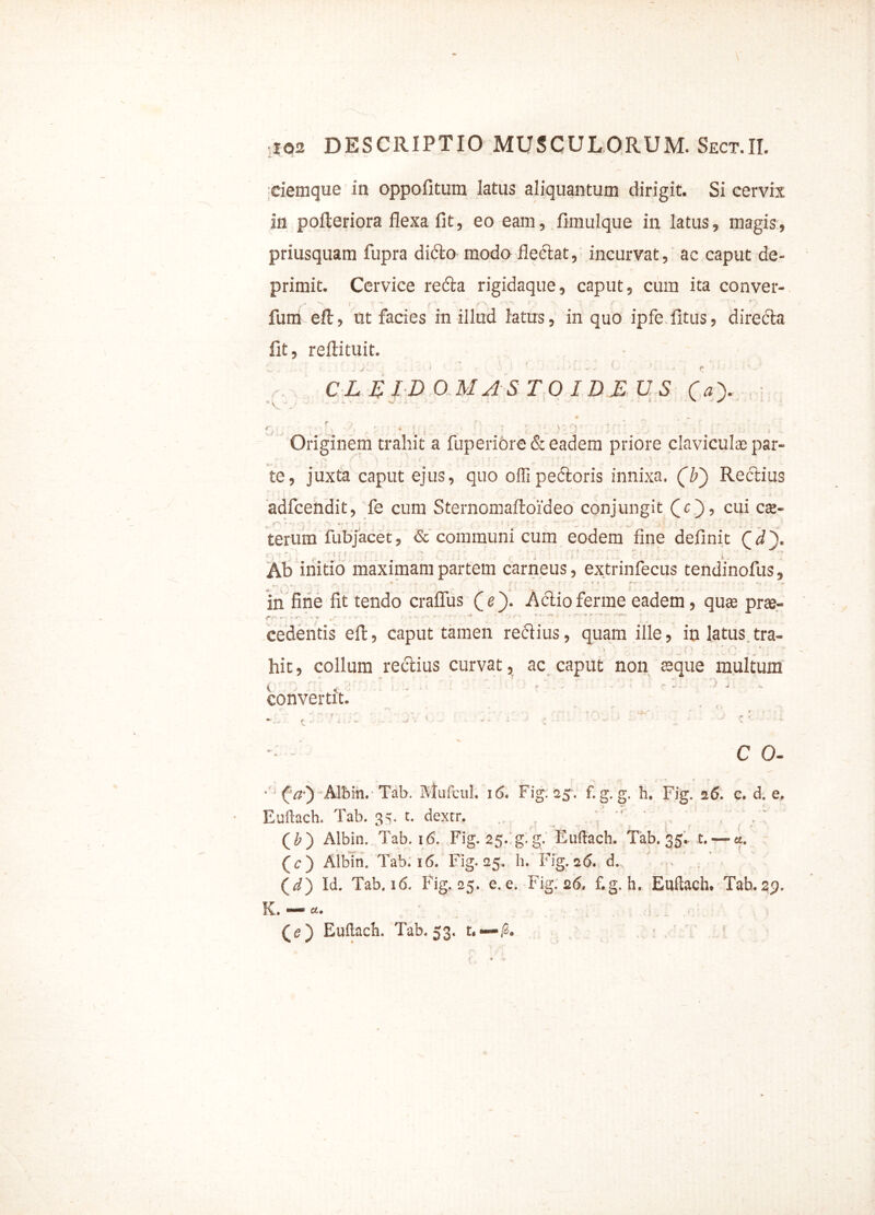 ciemque in oppofitum latus aliquantum dirigit. Si cervix in pofleriora flexa fit, eo eam, fimulque in latus, magis, priusquam fupra dido modo flectat, incurvat, ac caput de- primit. Cervice reda rigidaque, caput, cum ita conver- fum efl, ut facies in illud latus, in quo ipfe fitus, direda fit, reftituit. V, , . .. r < jJU > ' - ' C !: - e ■ ’ CLELDO.MASTO IDEUS (a\ « • . : • ■ ) Originem trahit a fuperiore & eadem priore clavicula; par- . ? \ 1 {’. ■ f) t : 'i * ‘ • f ’ te, juxta caput ejus, quo offipedoris innixa. (b~) Redius adfcendit, fe cum Sternomaftoideo conjungit (_c), cui cx- f“S ' T. . ' o. *1> * ; ' r * . ' ^ ^ > :• terum fubjacetj & communi cum eodem fine definit Qdy . . . . Ab initio maximam partem carneus, extrinfecus tendinofus, * * . • ••ile • -r- . - . » in fine fit tendo craflus Qe'). Adioferme eadem, quaa prse- cedentis eft, caput tamen redius, quam ille, in latus tra- ' > 7 7 , '(> <'v , • ’ *: ’ * hit, collum redius curvat, ac caput non teque multum / r':’ • 5 j ** -• i . »* V * ;  1 ’ “ t % J • 'convertit. r» . f- i ' i ^ ,■ . j -p r - c o. * (vr) Aibin. Tab. Mufctil. 16. Fig. 25, f. g. g. h. Fig, 26. c. d. e» Euftach. Tab. 35. t. dextr. (£) Aibin. Tab. 16. Fig. 25/g.g. Euftach. Tab. 35. t.— a. (c) Aibin. Tab. 16. Fig. 25, h. Fig. 26. d. , (i) Id. Tab. 16. Fig. 25. e. e. Fig. 26, f.g. h. Euflach. Tab. 23. K. d» (<*) Euftach. Tab. 53, t.*—/2.
