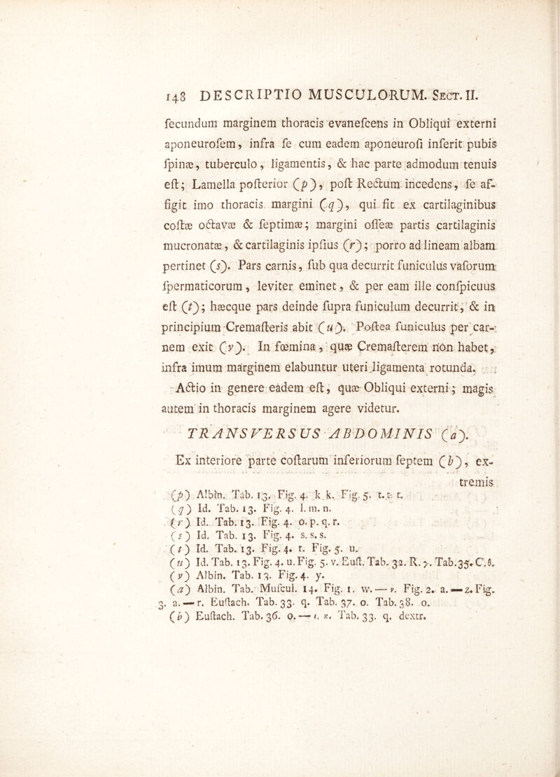 fecundum marginem thoracis evanefcens in Obliqui externi aponeurofem, infra fe cum eadem aponeurofi inferit pubis fpinas, tuberculo, ligamentis, & hac parte admodum tenuis eft; Lamella pofterior (/>), poft Redfcum incedens, fe af- figit imo thoracis margini qui fit ex cartilaginibus coffcoe odtavas & feptimse; margini olfete partis cartilaginis mucronatas, & cartilaginis ipfius (V); porro ad lineam albam pertinet (Y). Pars carnis, fub qua decurrit funiculus vaforum fpermaticorum, leviter eminet, & per eam ille confpicuus eft (Y); haseque pars deinde fupra funiculum decurrit, & in principium Cremafteris abit (_ uy. Poftea funiculus per car- nem exit Qv). In fcemina , quas Cremafterem non habet, infra imum marginem elabuntur uteri ligamenta rotunda. - Adtio in genere eadem eft, quas Obliqui externi; magis autem in thoracis marginem agere videtur. TRANSVERSUS ABDOMINIS (» * -V f „ -• *• * • * » , . . j Ex interiore parte collarum inferiorum feptem (Z>), ex- tremis Albin. Tab. 13, Fig. 4, k k. Flg. 5. t.t*, t. Id. Tab. 13. Fig. 4. 1. m. n. Id. Tab. 13. Fig. 4. o, p. q. r. Id. Tab. 13. Fig. 4. s. s. s. Id. Tab. 13. Fig. 4. r. Fig. 5. u. Id. Tab. 13. Fig. 4. u.Fig. 5. v. Euft. Tab. 32. R. y. Tab. 35*0,6, Albin. Tab. 13. Fig. 4. y. Albin. Tab. Mufcul. 14, Fig. 1. w. — v. Fig. 2- a. — z.Figv ► r. Euflach. Tab. 33- q. Tab. 37. o. Tab. 38. 0. (&) Euftach. Tab. 36. o. — /. Tab. 33. q. dextr® o > 07) ( r ) (O (O C«) O) (a') o o ^ ® ™ *