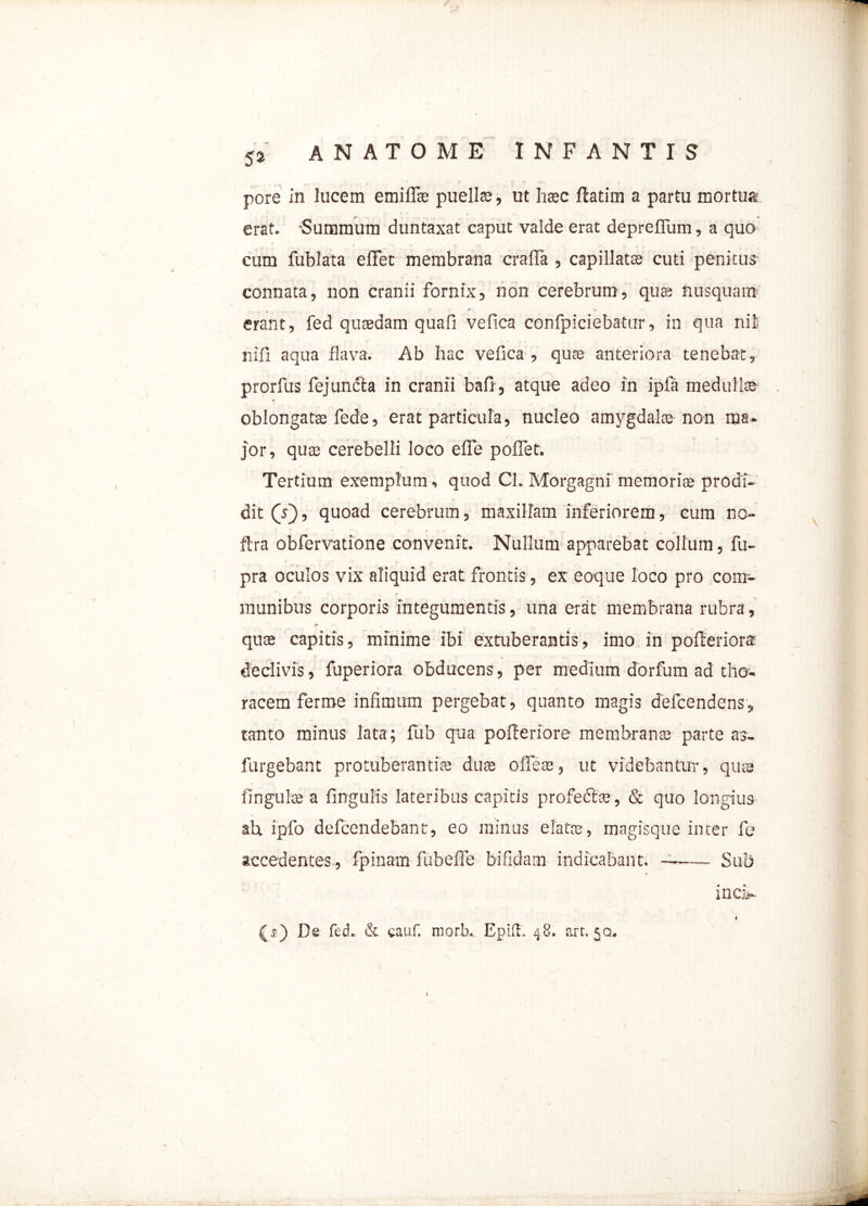 pore in lucem emiflae puellae, ut haec ftatim a partu mortua «r « erat. 'Summum duntaxat caput valde erat depreflum, a quo cum fublata effet membrana crafla , capillatas cuti penitus connata, non cranii fornix, non cerebrum, quas nusquam *' erant, fed quaedam quafi vefica confpiciebatur, in qua nii nili aqua flava. Ab hac vefica , quae anteriora tenebat, prorfus fej uncta in cranii bafi , atque adeo in ipfa med ulice oblongatce fede, erat particula, nucleo amygdalee non ma- jor, quae cerebelli loco efie pollet. Tertium exemplum, quod Cl. Morgagni memori® prodi- dit (Y), quoad cerebrum, maxillam inferiorem, cum no- ftra obfervatione convenit. Nullum apparebat collum, fu- pra oculos vix aliquid erat frontis, ex eoque loco pro com- munibus corporis integumentis, una erat membrana rubra, quae capitis, minime ibi extuberantis, imo in pofteriora declivis, fuperiora obducens, per medium dorfum ad tho- racem ferme infimum pergebat, quanto magis defeendens, tanto minus lata; flib qua poftenore membranae parte as- furgebant protuberanti® duae oileae, ut videbantur, qus fingulse a lingulis lateribus capitis profectae, & quo longius ah ipfo defeendebant, eo minus elatae, magisque inter fe accedentes., fpinam fubefie bifidam indicabant. Sub inci- i (s) De fed.. & caiixr, morb, Epifl. 48. art. 50.