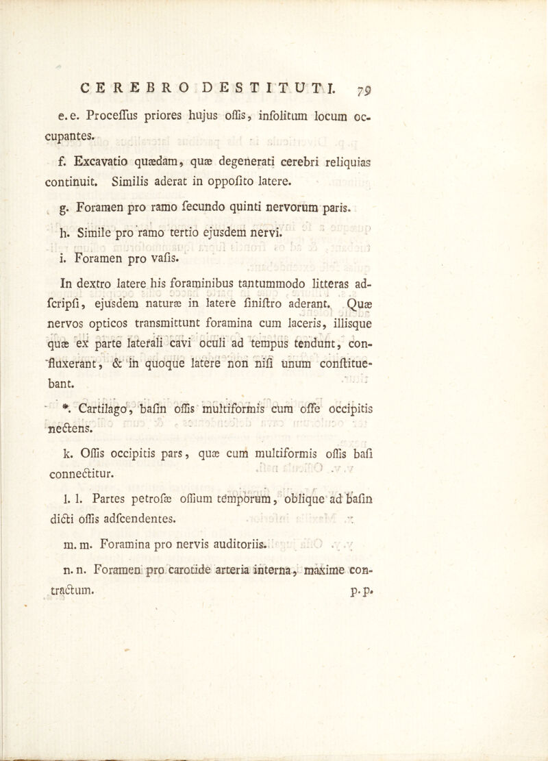 e. e. Proceflus priores hujus offis, infolitum locum oc- cupantes. f. Excavatio quasdam, quae degenerati cerebri reliquias continuit. Similis aderat in oppofito latere. g. Foramen pro ramo fecundo quinti nervorum paris. * « *• ? . » h. Simile pro ramo tertio ejusdem nervi.  . • „■ . i ' ... . ; ' f . . . j i. Foramen pro vafis. In dextro latere his foraminibus tantummodo litteras ad- v • *- . c. 'w» • x i. jt ■ fcripfi, ejusdem naturae in latere finiftro aderant. Quas .•**» > w i ,.<y J.i, . 4-«- nervos opticos transmittunt foramina cum laceris, iliisque e * S • * * m 1 * -5-. qure ex parte laterali cavi oculi ad tempus tendunt, con- * rO * ‘ - - > ■' } , » a ‘fluxerant, & In quoque latere non nili unum conftitue- bant. * * ■ ... * * ■ ■ ‘ *. Cartilago, bafin offis multiformis cura offe occipitis nedens. k. Offis occipitis pars, quae cum multiformis offis bafi P _ V 4f mr conneditur. » * V r i *•“ l. 1. Partes petrofae offium temporum, oblique ad bafin didi offis adfcen dentes. *: m. m. Foramina pro nervis auditoriis. n. n. Foramen pro carotide arteria interna, maxime con- tradum. p. p.
