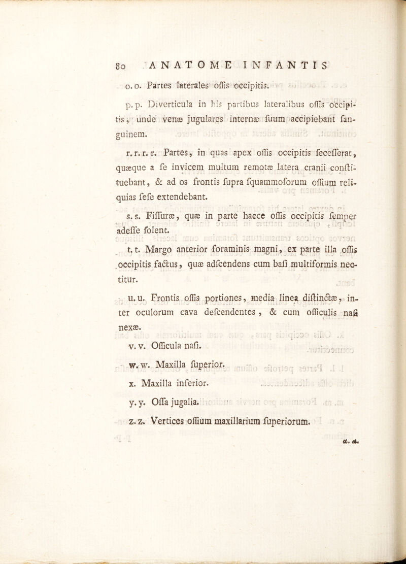 o.o. Parces laterales offis occipitis. - p. p. Diverticula in his partibus lateralibus offis occipi- tis ,• unde vense jugulares internas fuum accipiebant fan- guinem. : r. r.r. r. Partes, in quas apex offis occipitis fecefferat, quaeque a fe invicem multum remotae latera cranii confu- tuebant , & ad os frontis fupra fquammoforum offiura reli- - ' i } quias fefe extendebant. t % m «• * ■** , - <“ - ' J -v 7 f' ' *>. f<’-» •. s. s. FilTurte, quas in parte hacce offis occipitis femper adeffe folent. ! 5 f »  ' . ' r' ' :* * ' i i '• ■ • ,i ' r 7' ? ~ * * ' * \ , ^ -■ , % < <.'•«»' --'i, * - • r »- * * ' • *- **&*■-• w i. X Ki- J W'-v v.'' .•* 1 v* ^ ^ 1 < 1.1. Margo anterior foraminis magni, exparte illa offis occipitis fadlus, quas adfcendens cum bafi multiformis nec- titur. u. u. Frontis offis portiones, media linea diftin&as, in- ter oculorum cava defcendentes , & cum officulis nafi nexas. ( . . v ■ 1. L ^ . * s, ♦ 5 • - ’• .*■.-. . C a, . f i v. v. Officula nafi. , w. w. Maxilla fuperior. x. Maxilla inferior. •j c i s { . i i y. y. Offa jugalia. z. z. Vertices offium maxillarium fuperiorum. Ctf» @tt