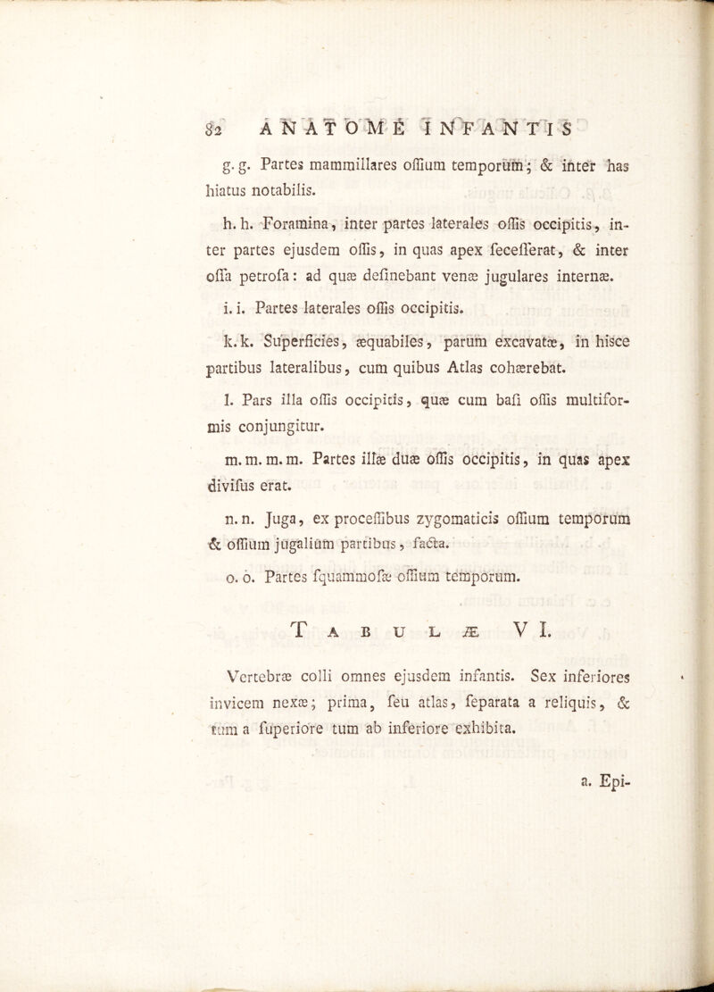 g. g. Partes mammillares offium temporum; & inter has hiatus notabilis. h. h. Foramina, inter partes laterales offis occipitis, in- ter partes ejusdem offis, in quas apex feceflerat, & inter offa petrofa: ad quas delinebant venas jugulares internae. i. i. Partes laterales offis occipitis. k. k. Superficies, aequabiles, parum excavatos, in hisce partibus lateralibus, cum quibus Atlas cohaerebat. l. Pars illa offis occipitis, quae cum bali offis multifor- mis conjungitur. m. m. m. m. Partes illae duae offis occipitis, in quas apex divifus erat. n. n. Juga, ex proceffibus zygomaticis offium temporum & offium jugalium partibus, fadta. o. o. Partes fquammofae offium temporum. Tabula VI. Vertebrae colli omnes ejusdem infantis. Sex inferiores invicem nexae; prima, feu atlas, feparata a reliquis, & tum a fuperiore tum ab inferiore exhibita. a. Epi-
