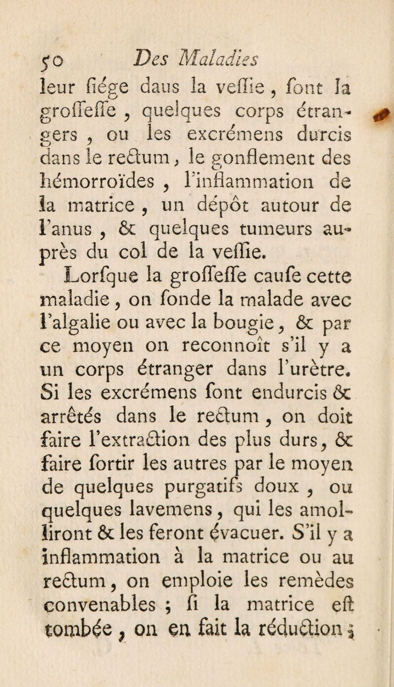 leur fliége dans 3a veffie , font la grofieffe , quelques corps étran¬ gers , ou les excrémens durcis O s dans le redtum > le gonflement des hémorroïdes , l'inflammation de la matrice , un dépôt autour de l’anus , & quelques tumeurs au¬ près du col de la veffie. Lorfque la groffeffe caufe cette maladie, on fonde la malade avec Talgalie ou avec la bougie ^ ôc par ce moyen on reconnoît s’il y a un corps étranger dans l’urètre* 51 les excrémens font endurcis & arrêtés dans le rectum , on doit faire l’extradtion des plus durs> & faire fortir les autres par le moyen de quelques purgatifs doux , ou quelques lavemens, qui les amol¬ liront & les feront évacuer. S’il y a inflammation à la matrice ou au reétum, on emploie les remèdes convenables ; fi la matrice eft tombée ; on en fait la réduction j