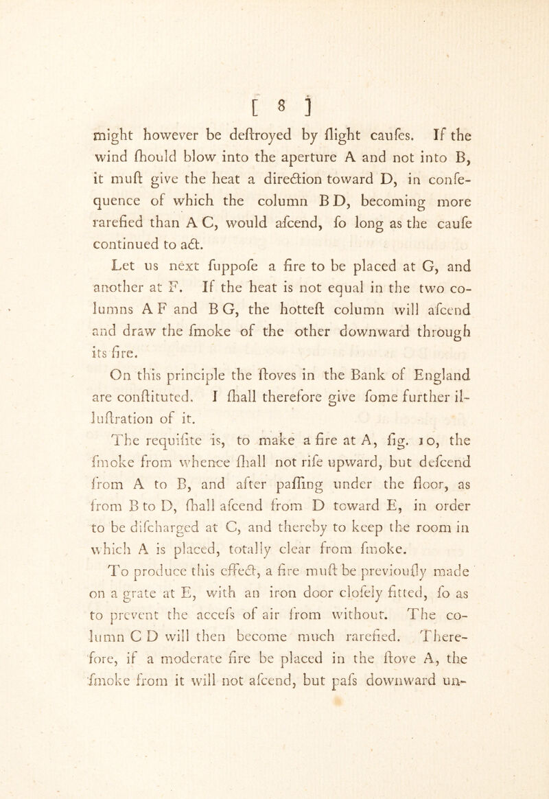 might however be destroyed by flight caufes. If the wind fhould blow into the aperture A and not into B, it mu ft give the heat a direction toward D, in confe- quence of which the column B D, becoming more rarefied than A C, would afcend, fo long as the caufe continued to a£t. Let us next fuppofe a fire to be placed at G, and another at F. If the heat is not equal in the two co- lumns A F and B G, the hotteft column will afcend and draw the fmoke of the other downward through its fire. On this principle the ftoves in the Bank of England are conftituted. I fhall therefore give fome further il- luftration of it. The requifite is, to make a fire at A, fig. jo, the fmoke from whence fhall not rife upward, but defcend from A to B, and after palling under the floor, as from B to D, fhall afcend from D toward E, in order to be di[charged at C, and thereby to keep the room in which A is placed, totally clear from fmoke. To produce this effeff, a fire muft be previoufly made on a grate at E, with an iron door clofely fitted, fo as to prevent the accefs of air from without. The co- lumn C D will then become much rarefied. There- fore, if a moderate fire be placed in the ftove A, the fmoke from it will not afcend, but pafs downward un-