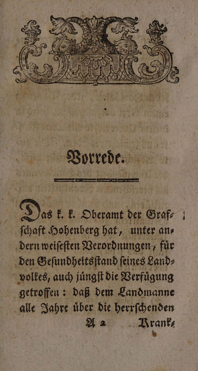 ſchaft Hohenberg hat, unter an⸗ dern weiſeſten Verordnungen, für den Geſundheitsſtand feines Land⸗ volkes, auch juͤngſt die Verfuͤgung „getroffen : : daß dem Landmanne alle Jahre uͤber die herrſchenden Aa r