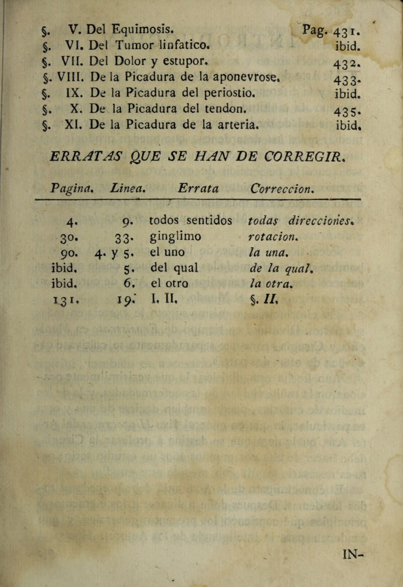 §. V. Del Equimosis. Pag. 431. §. VI. Del Tumor linfático. ibid. §. VII. Del Dolor y estupor. 432. §. VIH. De la Picadura de la aponevrose, 433. §. IX. De la Picadura del periostio. ibid. §. X. Devla Picadura del tendón. 435» §. XI. De la Picadura de la arteria. ibid. ERRATAS QJUE SE HAN DE CORREGIR. Fagina* Linea* Errata Corrección* 4- 9. todos sentidos todas direcciorieSi -so- 33. ginglimo rotación* po. 4. y 5, el uno la una* ibid. 5, del qual de ¡a qual* ibid. 6* el otro la otra* 131- ip, 1. II, IN-