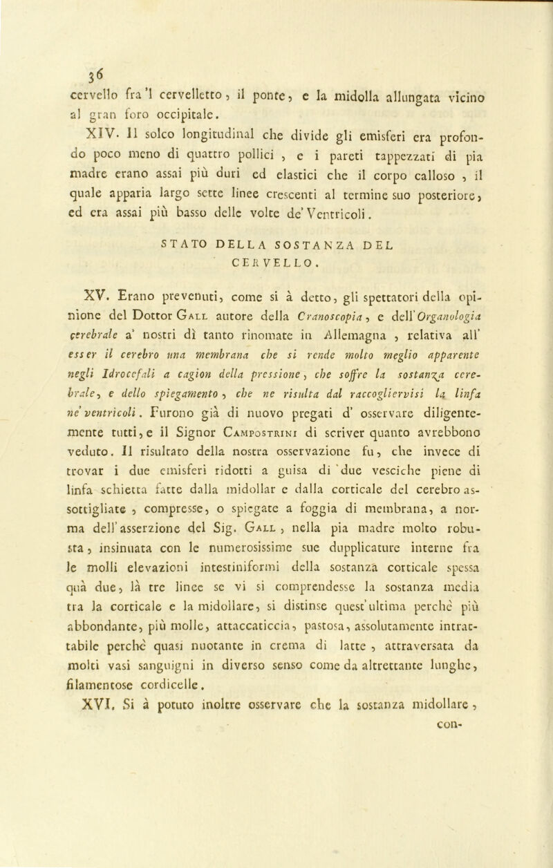 ì6 cervello fra’l cervelletto, il ponte, e la midolla allungata vicino al gran foro occipitale. XIV. 11 solco longitudinal che divide gli emisferi era profon- do poco meno di quattro pollici , e i pareti tappezzati di pia madre erano assai più duri ed elastici che il corpo calloso , il quale apparia largo sette linee crescenti al termine suo posteriore) ed era assai più basso delle volte de’ Ventricoli. STATO DELLA SOSTANZA DEL CERVELLO. XV. Erano prevenuti, come si à detto, gli spettatori della opi- nione del Dottor Gall autore della Cromoscopia, e dell Organologia cerebrale a' nostri dì tanto rinomate in Allemagna , relativa all’ esser il cerebro una membrana che si rende jmolto meglio apparente negli Idrocefali a cagion della pressione, che soffre la sostanza cere- brale , e dello spiegamento , che ne risulta dal raccogliervisi la. linfa ne ventricoli. Furono già di nuovo pregati d’ osservare diligente- mente tutti, e il Signor Campostrini di scriver quanto avrebbono veduto. Il risultato della nostra osservazione fu, che invece di trovar i due emisferi ridotti a guisa di due vesciche piene di linfa schietta fatte dalla midollar c dalla corticale del cerebro as- sottigliate , compresse, o spiegate a foggia di membrana, a nor- ma dell’asserzione del Sig. Gall, nella pia madre molto robu- sta ? insinuata con le numerosissime sue dupplicature interne fra Je molli elevazioni intestiniformi della sostanza corticale spessa qua due, là tre linee se vi si comprendesse la sostanza media tra la corticale e la midollare, si distinse quest’ultima perchè più abbondante, più molle, attaccaticcia, pastosa, assolutamente intrat- tabile perchè quasi nuotante in crema di latte , attraversata da molti vasi sanguigni in diverso senso come da altrettante lunghe, filamentose cordicelle. XVI. Si à potuto inoltre osservare che la sostanza midollare, con-