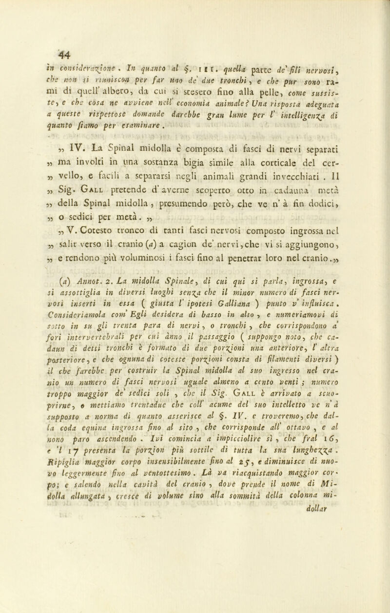 tn consider astone . In quanto al $. in. quella parte de'fili nervosi, che non si riunisco» per far uno de due tronchi, e che pur sono ra- mi di quell’albero, da cui si scesero fino alla pelle, come sussis- tere che cosa ne avviene nell economia animaleUna risposta adeguata a queste rispettose domande darebbe gran lume per V intelligenga di quanto ftamo per esaminare . „ IV. La Spinai midolla è composta di lasci di nervi separati „ ma involti in una sostanza bigia simile alla corticale del cer- 5, vello, e facili a separarsi negli animali grandi invecchiati . 11 „ Sig. Gall pretende d’ averne scoperto otto in cadauna metà 35 della Spinai midolla, presumendo però, che ve n’à fin dodici, „ o sedici per metà. „ „ V. Cotesto tronco di tanti fasci nervosi composto ingrossa nel „ salir verso il cranio (a) a cagion de’nervi,che vi si aggiungono, „ e rendono più voluminosi i fasci fino al penetrar loro nel cranio.,3 (*z) Annot. 2. La midolla Spinale, di cui qui sì parla, ingrossar e si assottiglia in diversi luoghi senga che il minor numero di fasci ner- vosi inserti in essa ( giusta V ipotesi Galliana ) punto v influisca. Consideriamola com Egli desidera di basso in alto , e numeriamovi dì sotto in su gli trenta para di nervi, o tronchi , che corrispondono a fori intervertebrali per cui anno il passaggio ( suppongo noto r che ca- daun di detti tronchi è formato di due porzioni una anteriore, l' altra posteriore r e che ognuna di coteste porzioni consta di filamenti diversi ) il che farebbe per costruir la Spinai midolla al suo ingresso nel cra- nio un numero di fasci nervosi uguale almeno a cento venti ; numero troppo maggior de sedici soli , che il Sig. Gall è arrivato a scuo- prirne, e mettiamo trentadue che coll' acume del suo intelletto ve ìì à supposto a norma di quanto asserisce al §. IV. e troveremo, che dal- la coda equina ingrossa fino al sito , che corrisponde all' ottavo , e al nono paro ascendendo . Ivi comincia a impicciolire sì , che fral ió, e ’l iy presenta la porgjon più sottile di tutta la sua lunghezza . Ripiglia maggior corpo insensibilmente fino al aj, e diminuisce di nuo- vo leggermente fino al ventottesimo . Là va riacquistando maggior cor' pò; e salendo nella cavità del cranio , dove prende il nome di Mi- dolla allungata , cresce di volume sino alla sommità della colonna mi- d oliar