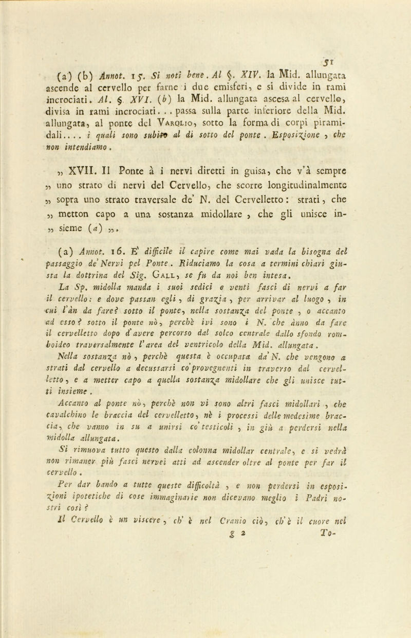 5* (a) (b) Annoi. 15. Si noti bene. Al §. XIV. la Mici, allungata ascende al cervello per farne i due emisferi, e si divide in rami incrociati. Al. § XVI. (b) la Mid. allungata ascesa al cervello, divisa in rami incrociati. ..passa sulla parte interiore della Mid. allungata, al ponte del Varolio, sotto la forma di corpi pirami- dali .... i quali sono subiti al di sotto del ponte . Esposizione , che non intendiamo, „ XVII. Il Ponte à i nervi diretti in guisa, che v'à sempre „ uno strato di nervi del Cervello, che scorre longitudinalmente „ sopra uno strato traversale de’ N. del Cervelletto : strati, che „ metton capo a una sostanza midollare , che gli unisce in- ,, sieme (4) 35» (a) Annot. 16. E' diffìcile il capire come mai vada la bisogna del passaggio de Nervi pel Ponte. Riduciamo la cosa a termini chiari giu- sta la dottrina del Sìg. Gall, se fu da noi ben intesa. La Sp. midolla manda i suoi sedici e venti fasci dì nervi a far il cervello; e dove passan egli , di grafia , per arrivar al luogo , in cui fan da farei sotto il ponte, nella sostanza del ponte , 0 accanto ad esso i sotto il ponte nò-, perche ivi sono i N. che anno da fare il cervelletto dopo dì avere percorso dal solco centrale dallo sfondo rom- boideo traversalmente l'area del ventricolo della Mid. allumata. o Nella sostane nò , perchè questa è occupata da N. che vengono a strati dal cervello a decussarsi co provegnenti in traverso dal cervel- letto , e a metter capo a quella sostanza midollare che gli unisce tut- ti insieme . Accanto al ponte nò-, perchè non vi sono altri fasci midollari , che cavalchino le braccia del cervelletto, nè i processi delle medesime brac- cia-, che vanno in su a unirsi co testicoli , in già a perdersi nella midolla allungata. Si rimuova tutto questo dalla colonna mìdollar centrale, e si vedrà non rimaner più fasci nervei atti ad ascender oltre al ponte per far il cervello . Per dar bando a tutte queste difficoltà , e non perdersi in esposi- zioni ipotetiche di cose immaginai ie non dicevano meglio i Padri no- stri così ? il Cervello è un viscere , eh' è nel Cranio ciò, eh è il cuore nel & * To-