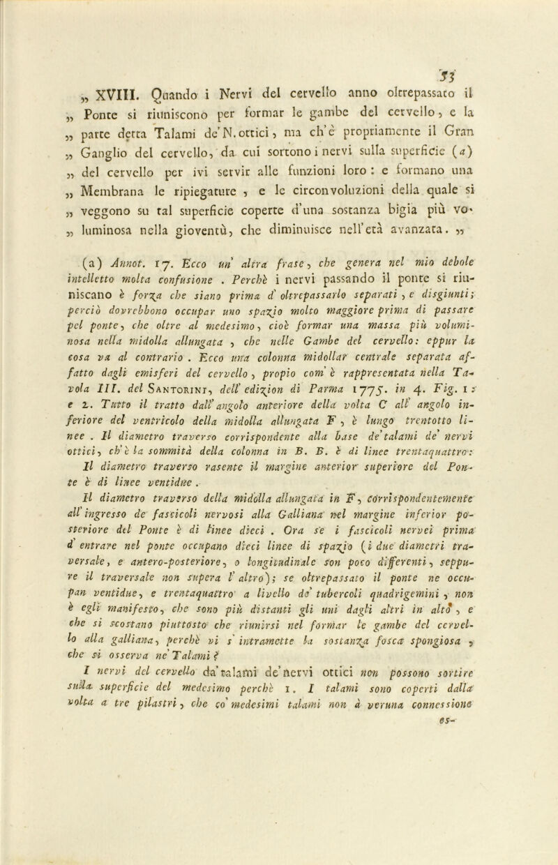 „ XVIII. Quando i Nervi del cervello anno oltrepassato il „ Ponte si riuniscono per lormar le gambe del cervello , e la „ parte detta Talami de N.ottici, ma eh’è propriamente il Gran „ Ganglio del cervello, da. cui sortono i nervi sulla superficie (a) „ del cervello per ivi servir alle funzioni loro : e formano una „ Membrana le ripiegature , e le circonvoluzioni della quale si „ veggono su tal superficie coperte d’una sostanza bigia più vo» „ luminosa nella gioventù, che diminuisce nell’età avanzata. „ (a) Annot. 17. Ecco un altra frate, che genera nel mìo debole intelletto molta confusione . Perché i nervi passando il ponte si riu- niscano è for^a che siano prima d' oltrepassarlo separati , e disgiunti; perciò dovrebbono occupar uno spazio molto maggiore prima di passare pel ponte, che oltre al medesimo, cioè formar una massa più volumi- nosa nella midolla allungata , che nelle Gambe del cervello: eppur la cosa va al contrario . Ecco una colonna midollar centrale separata af- fatto dagli emisferi del cervello , propio coni è rappresentata nella Ta- vola III. del Santorint, dell' edisffion di Parma 1775. in 4* Tig. 1 e 2,. Tutto il tratto dalt angolo anteriore della volta C all angolo in- feriore del ventricolo della midolla allungata F , è lungo trentotto li- nee . Il diametro traverso corrispondente alla base de'talami de nervi ottici, eh'è la sommità della colonna in B. B. c di linee trentaquattro : Il diametro traverso rasente il margine anterior superiore del Pon- te e dì linee ventidtìe Il diametro traverso della midolla allungata in F, Corrispondentemente all ingresso de fascicoli nervosi alla Galliano: nel margine infcrior po- steriore del Ponte è di linee dieci . Ora se i fascicoli nervei prima d entrare nel ponte occupano dieci linee di spailo (4 due diametri tra- versale, e antero-posteriore, 0 longitudinale fon poco differenti, seppu- re il traversale non supera l'altro); se oltrepassato il ponte ne occit- pan ventidue-f e trentaquattro a livello de' tubercoli quadrigemini , non è egli manifesto, che sono più distanti gli unì dagli altri in aitò, e che si scostano piuttosto■ che riunirsi nel formar le gambe del cervel- lo alla galliana, perchè vi s intromette la sostanzia fosca spongiosa , che si osserva ne' Talami è I nervi del cervello da’talami de nervi ottici non possono sortire suda, superficie del medesimo perchè 1. I talami sono coperti dalia- volta a tre pilastri, che co' medesimi talami non à veruna connessione es-