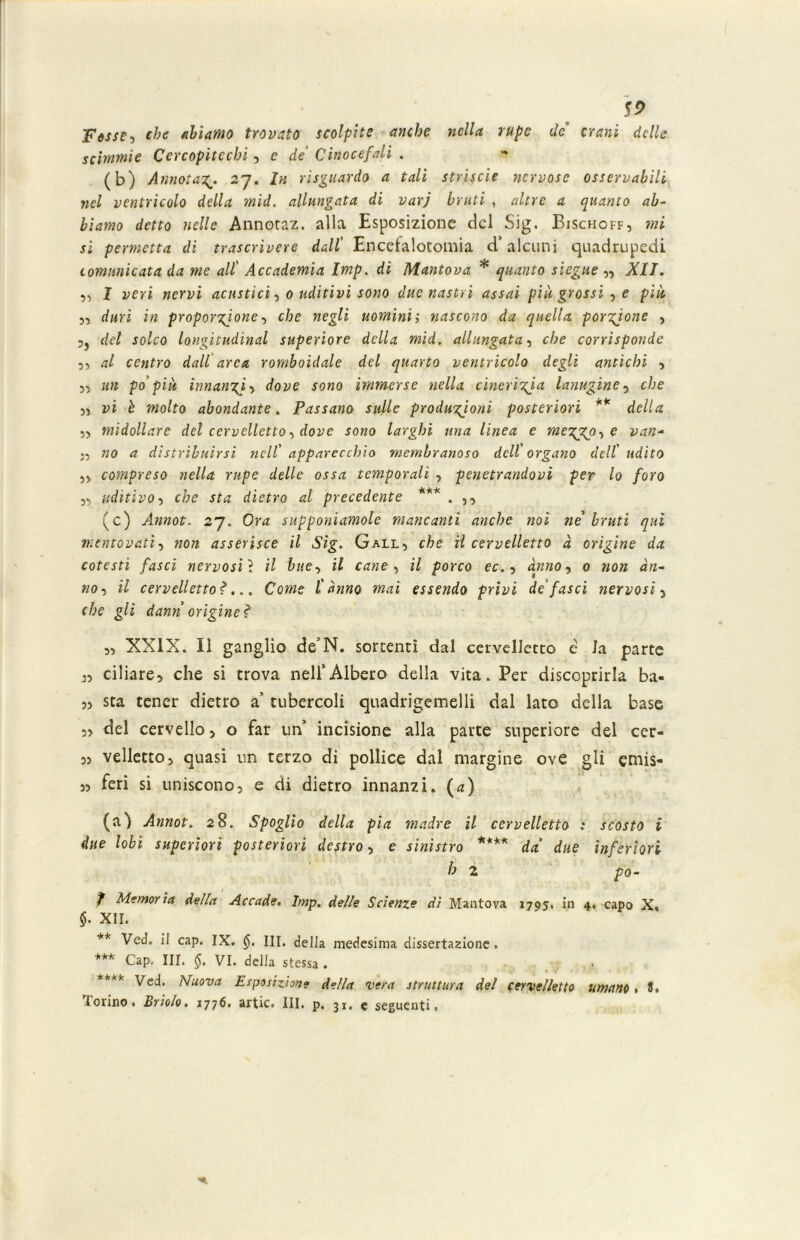 Fòsse-, che ahi amo trovato scolpite anche nella rupe de crani delle scimmie Cercopitechi, e de Cinocefali . (b) Annotaz* 27. In risguardo a tali strisele nervose osservabili nel ventricolo della mid. allungata di varj bruti , altre a quanto ab- biamo detto nelle Annotaz. alla Esposizione del Sig. Bischoff, mi si permetta di trascrivere dall' Encefalotomia cT alcuni quadrupedi comunicata da me all' Accademia Imp. di Mantova * quanto siegue ,, XII. ,, I veri nervi acustici, 0 uditivi sono due nastri assai più grossi , e più 5, duri in proporzione, che negli uomini ; nascono da quella portone , 5j del solco longitudinal superiore della mid. allungata, che corrisponde 55 al centro dall arca romboidale del quarto ventricolo degli antichi , 55 un po'più innanzi > dove sono immerse nella cinerizia lanugine , che 55 vi è molto ahondante. Passano sulle produzioni posteriori ** della 5, midollare del cervelletto, dove sono larghi una linea e mezz°->e van- 55 no a distribuirsi nell' apparecchio membranoso dell' organo dell' udito 55 compreso nella rupe delle ossa temporali , penetrandovi per lo foro 55 uditivo 5 che sta dietro al precedente *** . ,, (c) Annot. 27. Or<z supponiamole mancanti anche noi nè bruti qui mentovati5 asserisce il Sig. Gall, il cervelletto a origine da cotesti fasci nervosi ì il bue, il cane, *7 porco oc. 5 anno, 0 non an- no, il cervelletto?... Come l'ànno mai essendo privi de'fasci nervosi3 che gli dann origine? 55 XXIX. Il ganglio de’N. sortenti dal cervelletto è la parte 55 ciliare* che si trova nell*Albero della vita. Per discoprirla ba« 5> sta tener dietro a’ tubercoli quadrigemelli dal lato della base 5> del cervello 5 o far un’ incisione alla parte superiore del cer- 55 vellett0 5 quasi un terzo di pollice dal margine ove gli emis- 55 feri si uniscono, e di dietro innanzi. (<z) (a) Annot. 28. Spoglio della pia madre il cervelletto : scosto i due lobi superiori posteriori destro, e sinistro **** da due inferiori b 2 po- f Memoria della Accade. Imp. delle Scienze di Mantova 1795. in 4. capo X, $. XII. ** Ved. il cap. IX. III. della medesima dissertazione . *** Cap. III. $. VI. delia stessa . **** Ved. Nuova Esposizione della vera struttura del cervelletto umano* 3» I orino. Briolo. 1776. artic. III, p. 31, $ seguenti,