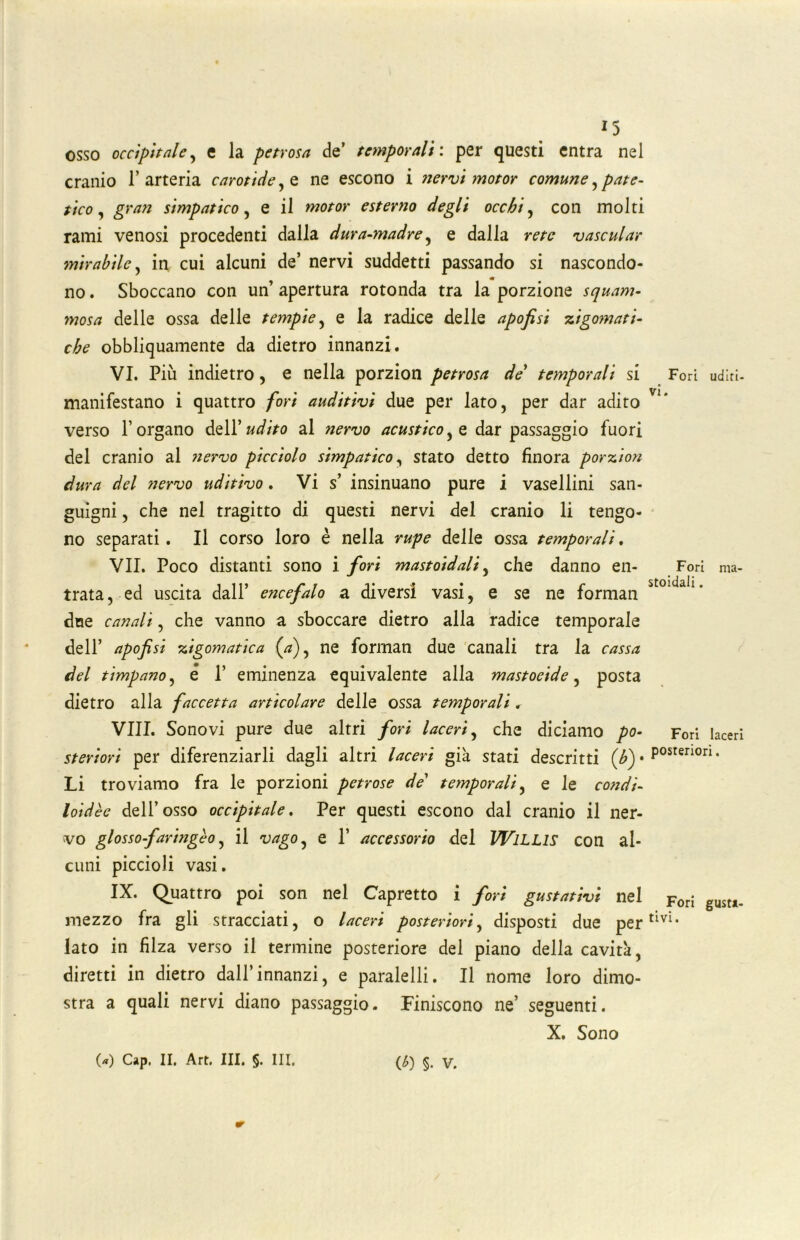 *5 OSSO occipitale, e la petrosa de’ temporali: per questi entra nel cranio l’arteria carotide, e ne escono i nervi mot or comune,pate- tico , gran simpatico, e il mot or esterno degli occhi, con molti rami venosi procedenti dalla dura-madre , e dalla nw vascular mirabile, in cui alcuni de’ nervi suddetti passando si nascondo- no . Sboccano con un’ apertura rotonda tra la porzione squam- mosa delle ossa delle tempie , e la radice delle apofisi zigomati- che obbliquamente da dietro innanzi. VI. Più indietro, e nella porzion petrosa de’ temporali si manifestano i quattro fori auditivi due per lato, per dar adito verso l’organo dell 'udito al nervo acustico ,e dar passaggio fuori del cranio al nervo picciolo simpatico, stato detto finora porzion dura del nervo uditivo. Vi s’ insinuano pure i vasellini san- guigni , che nel tragitto di questi nervi del cranio li tengo- no separati. Il corso loro è nella rupe delle ossa temporali. VII. Poco distanti sono i fori mastoidali, che danno en- trata, ed uscita dall’ encefalo a diversi vasi, e se ne formai! due canali, che vanno a sboccare dietro alla radice temporale dell’ apofisi zigomatica (rf), ne forman due canali tra la cassa del timpano, é 1’ eminenza equivalente alla mastocide, posta dietro alla faccetta articolare delle ossa temporali, Vili. Sono vi pure due altri fori laceri, che diciamo po- steriori per diferenziarli dagli altri laceri già stati descritti (b)• Li troviamo fra le porzioni petrose de' temporali, e le condi- loidèe dell’osso occipitale. Per questi escono dal cranio il ner- vo glossofaringèo, il vago, e P accessorio del Willis con al- cuni piccioli vasi. IX. Quattro poi son nel Capretto i fori gustativi nel mezzo fra gli stracciati, o laceri posteriori, disposti due per lato in filza verso il termine posteriore del piano della cavità, diretti in dietro dall’innanzi, e paralelli. Il nome loro dimo- stra a quali nervi diano passaggio. Finiscono ne’ seguenti. X. Sono Fori uditi- vi. Fori ma stoidali. Fori laceri posteriori. Fori gusta- tivi.