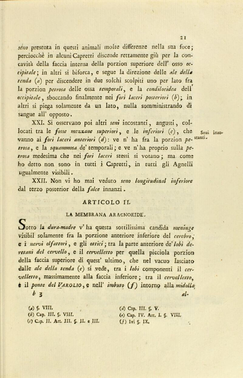 séno presenta in questi animali molte differenze nella sua foce; perciocché in alcuni Capretti discende rettamente giù per la con- cavità della faccia interna della porzion superiore delF osso oc- cipitale ; in altri si biforca, e segue la direzione delle ale della tenda (a) per discendere in due solchi scolpiti uno per lato fra la porzion petrosa delle ossa temporali, e la condiloeidea dell occipitale, sboccando finalmente nei fori laceri posteriori (li) ' in altri si piega solamente da un lato, nulla somministrando di sangue all’ opposto. XXI. Si osservano poi altri seni incostanti, angusti, col- locati tra le fosse mezzane superiori, e le inferiori (c) , che Seui vanno ai fori laceri anteriori (d) : ve n’ ha fra la porzion pe-stantl*' trosay e la squammosa de’temporali ; e ve n’ha proprio sulla pe- trosa medesima che nei fori laceri stessi si votano ; ma come ho detto non sono in tutti i Capretti,, in tutti gli Agnelli ugualmente visibili.. XXII. Non vi ho mai veduto seno longitudini viferiore dal terzo posterior della falce innanzi. ARTICOLO rr. LA MEMBRANA ARACNOEIDE. Sotto In dura-madre v ha questa sottilissima candida meninge visibil solamente fra la porzione anteriore inferiore del cerebro, e i nervi olfattori, e gli ottici ; tra la parte anteriore de5 lobi de- retani del cervello, e il cervelletto per quella picciola porzion della faccia superiore di quest’ ultimo, che nel vacuo lasciato dalle ale della tenda (e) si yedè, tra i lobi componenti il cer- velletto^ massimamente alla faccia inferiore ; tra il cervelletto è il ponte del Varqlio , e nell’ imbuto (/) intorno alla .midolla; b 3 al- 00 $. Vili. (6) Cap. III. §. Vili. (0 Cap. II. Art. III. §. |I. e III. 00 Cap. III. §. V. (0 Cap. IV. Art. h §. Vili. (/) Ivi §. IX,