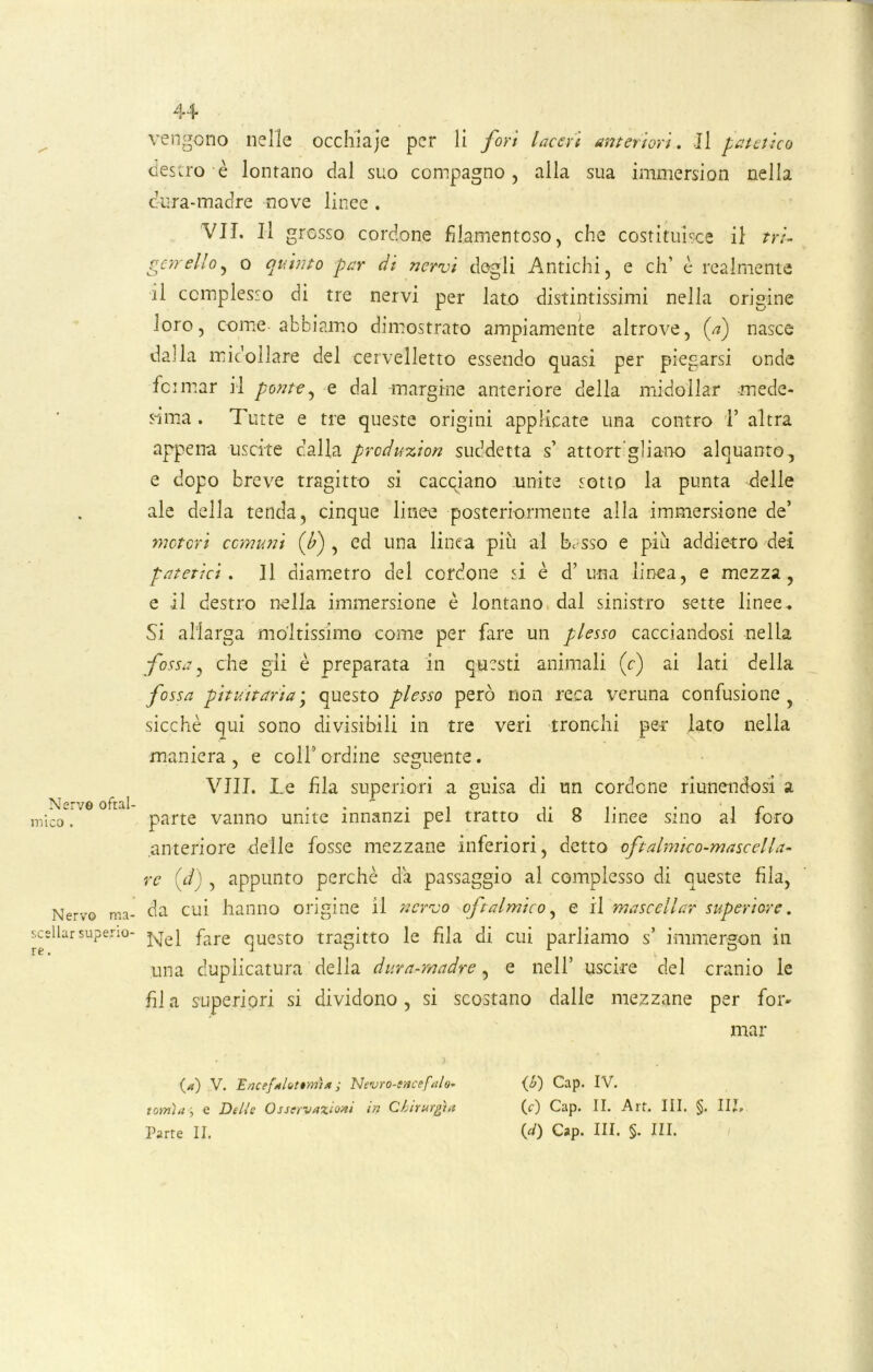 Nervo oftal- mico . Nervo rna- scellar superio- re . 4-4 vengono nelle occhiaje per li fori laceri anteriori. Il patetico destro è lontano dal suo compagno, alla sua immersion nella dura-madre nove linee . VII. Il grosso cordone filamentoso, che costituisce il tri- garello, o quinto par di nervi degli Antichi, e eh’ è realmente il complesso di tre nervi per lato distintissimi nella origine loro, come abbiamo dimostrato ampiamente altrove, (V) nasce dalla midollare del cervelletto essendo quasi per piegarsi onde fc-imar il ponte, e dal margine anteriore della midollar mede- sima . Tutte e tre queste origini applicate una contro i’ altra appena uscite calla produ%ion suddetta s’ attortigliano alquanto, e dopo breve tragitto si cacciano unite sotto la punta delle ale della tenda, cinque linee posteriormente alla immersione de’ motori comuni (b) , cd una linea piu al N sso e piu addietro dei patetici. Il diametro del cordone si è d’ una linea, e mezza, e il destro nella immersione è lontano dal sinistro sette linee * Si allarga moltissimo come per fare un plesso cacciandosi nella fossa, che gli è preparata in questi animali (c) ai lati della fossa pituitaria • questo plesso però non reca veruna confusione sicché qui sono divisibili in tre veri tronchi per lato nella maniera , e coll5 ordine seguente. Vili. Le fila superiori a guisa di un cordone riunendosi a parte vanno unite innanzi pel tratto di 8 linee sino al foro anteriore delle fosse mezzane inferiori, detto oftalmico-mascella- re (d) , appunto perchè da passaggio al complesso di queste fila, da cui hanno origine il nervo oftalmico, e il mascellare superiore. Nel fare questo tragitto le fila di cui parliamo s’ immergon in una duplicatura della dura-madre, e nell’ uscire del cranio le fila superiori si dividono, si scostano dalle mezzane per for- mar (a) V. Enceftlournix ; Nevro-sncefalo- tomìu , e Delle Osservazioni in Chirurgia Parte II. (6) Gap. IV. (0 Cap. II. Art. III. §. Ili, 00 Cap. III. §. III.