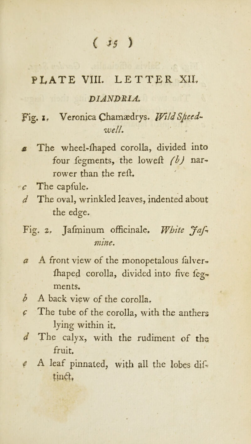 ( ) PLATE VIII. LETTER XII. DIANDItlA. Fig-If Veronica Chamaedrys. WildSjieed-‘ well. a The wheel-fhaped corolla, divided into four fegments, the loweft (h) nar- rower than the reft. c The capfule. d The oval, wrinkled leaves, indented about the edge. Fig. 2. Jafminum officinale. White mine. a A front view of the monopetalous falver^ ffiaped corolla, divided into five leg- ments. b A back view of the corolla. <: The tube of the corolla, with the anthers lying within it. d The calyx, with the rudiment of the fruit. ^ A leaf pinnated, with all the lobes diA tindl,