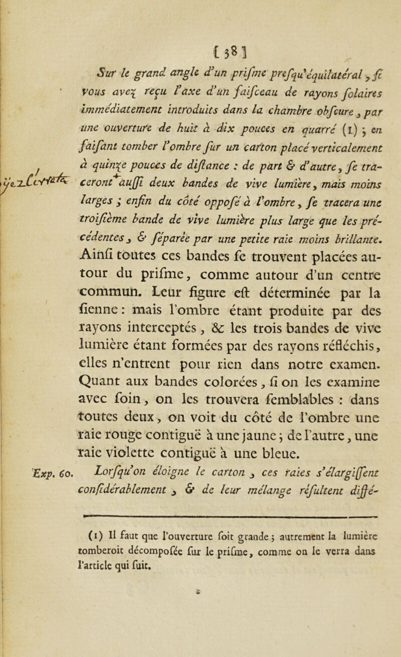 t3S] Sur h grand angU d'un prifmc'prefqu'équilatéral ^ fi vous ave^ reçu l'axe d'un faifccau de rayons folaires immédiatement introduits dans la chambre ohfcure j par une ouverture de huit à dix pouces en quatre (l) j en faifant tomber l'ombre fur un carton placé verticalement à quinze pouces de dijiance : de part & d'autre, fe tra- ceront auJJI deux bandes de vive lumière y mais moins larges ; enfin du côté oppofé à T ombre y fe tracera une troifième bande de vive lumière plus large que les pré- cédentes J & féparèe par une petite raie moins brillante^ Ainfi toutes ces bandes fe trouvent placées au- tour du prifme, comme autour d’un centre coriimun. Leur figure eft déterminée par la fîenne : mais l’ombre étant produite par des rayons interceptés, &: les trois bandes de vive lumière étant formées par des rayons réfléchis, elles n’entrent pour rien dans notre examen. Quant aux bandes colorées, fi on les examine avec foin, on les trouvera femblables : dans toutes deux, on voit du côté de l’ombre une raie rouge contiguë à une jaune ; de l’autre, une raie violette contiguë à une bleue. Lorfquon éloigne le carton j ces taies s'élargirent confidérablement ^ & de leur mélange rcfultent difié- (i) Il faut que l’ouverture foit grande 5 autrement la lumière tomberoit décompofée fur le prifrae, comme on le verra dans l’article qui fuit.