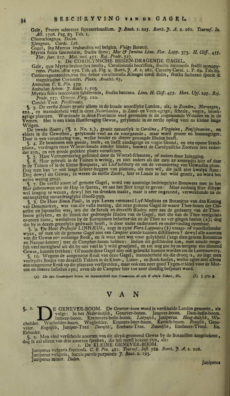 ^ÊSCHRYVINGtande GAGEL. Gale, Frutex odoratus feptentrionalium. ^.Baub. i. 225. Boerb.J. A. 2. 261. Tournef. In, jd. 1706. Pag. 83- Tab. 1. Charoscleagnus. Dodon. Eleagnus. Cordi. Lob. Gagel, feuMyrtus brabandica vel belgica. Fiilgo Batavü. MyVica foliis lanceolacis, fruclu ficco; Ma^ ^ fómina Linn. Llor. Lapp. 373. H. Flor. fuec. 817. Mat. med. 451. Roj. Prodr. 527. 2. De COROLYNSCHE BESIEN-DRAGENDE GAGEL. Gale, quac Myrto brabandica ümilis, Carolinienfis bacCifera, frudlu racemofo fesfili monopy- reno. Plukn, Alm 250. Tab. 48. Fig. 9. ^oerh.J. A. 2. 261. Catesby Carol. i. P. 69. Tab.69. Coriotragemacodendros feu Arbor carolinienfis iElcagni cordi foliis, frudtu facharati fpecie & magnicudine Coriandri. Plukn. AnuBltb. 65, Ambulon C. B. Pin. 459- Ambulon Arbor. y. Banb. 1. 50^. Myrica foliis lanceolacis fubferrads, fruftu baccato. Linn. H. CUf. ^55. Hort. Upf.295. Roj. Prodr. 52^. Gronov. Hirg. 120. Candel-Tree. Penjilvanis. ■ 2. De eerde Zoorc groeit alleen in de koude noordlyke Landen, als, in Zweden^ Norwegen, cnL,'^en inzonderheid Veel in deze in Zand-en Vcen-agcige, fchrale, vogtc, broek- agtige plaatzen. Wordende in deze Provincie veel gevonden in de zogenaamde Wouden en in de Veenen. Het is een klein Heeftcragtig Gewas, gelykende in de eerde opfiag veel na kleine laage Wilgen. De twede ZoOrt, (%. 2. No. 2.), groeit natuurlyk in Carolina, Virginien, Penfylvanien, en elders in die Geweden, gelykende veel na de voorgaande, maar word groter en boomagtiger. Daar is een verandering van, welke breder en dieper gezaagde Bladen heeft. §. 4. Ze beminnen een goede, losfe, en liefd zandagcige en vogte Grond, en een opene Stand- plaats, verdragen onze Winter-koude zonder hinder, hoewel de Carolynifche Zoorten iets teder- der zyn, en een goede gedekte plaats vereifchen. §. 5. Hare Vermeerdering gefchied door de Wortel-fcheuten, of anders door Inlegging. 6. Haar gebruik in de Tuinen is weinig, en niet anders als dat men ze zomtydts hier of daar in de Tuinen of in de kleine Bosquecs, uit Liefhebbery cn om de verandering van Gewasfen plant. Dog men kan ’er ook laageScheer-heggen van planten, als men wil, die juifi: niet kwalyk liaan: Dog dewyl dit Gewas, te weten de eerRe Zoort, hier te Lande in het wild groeit, zo word het zelve weinig gcagt. , §. 7. De eerde zoort of getriehc Gagel, word van zommige bedriegelyke Brouwers met in het Bier gebrouwen om de Hop te fparen, en aan het Bier kragt te geven: Maar zodanig Bier fchynt wel kragtig te wezen, dewyl het ras dronken maakt, maar is zeer ongezond, verwekkende na de ontnugtering onverdraaglyke Hoofd-pyn. §. 8. De Heer Simon Pauli^ in zyn Leven vermaard Lyf-Medicus en Botanicus van den Koning van Denemarken, was van die valle mening, dat onze gemene Gagel de waare Thee-boom der Chi- nefen en Japonefen was, om dat de Struik en deszelfs Bladen zeer aan de gedaante van de Thee- boom gclyken, en de fmaakder gedroogde Bladen van de Gagel, met die van de Thee eenigzints overeen komt, weshalven hy de Europianen belachtc dat ze de Thee zo ver gingen haaien (a); dog dat hy in dezen grotelyks gedwaalt heeft, is door nader onderzoek en ondervinding openbaar. §. 9. De Heer Pro/w/br LINN.<ELfS, zegt in zyne Flora Lappomca vraags-of voorllellender wyze, of men uit de gemene Gagel niet een Campber zoude kunnen diftilleeren ? dewyl alle zoorten van dit Gewas een zodanige Reuk, cn ik weet niet wat voor gelykheid Czegt dien groten Botanicus cn Natuur-kenner_) met de Campher-boom hebben: Indien dit gefchieden kan, men zoude moge- lyk veel nuttigheid uit dit by ons veel in ’t wild groeijend, en tot nog toe by na nergens toe dienend Gewas, kunnen trekken: Of zoude deze Gagel niet ook gebruikt kunnen worden tot de Leertouwery. §. 10. Wegens de aangename Reuk van deze Gagel, inzonderheid als die droog is, zo legt men veeltyd'ts Bosjes van deszelfs Takken in deKleer-, Linne-, en Boek-kasfen, welke egter niet alleen een aangename Reuk op die plaatzen verfpreiden, maar ook een zeer goed Tegen-middel voor de Mot- ten en andere Infeden zyn; even als de Campher hier toe zeer dienftig befpeurt word. (fi) Zie zyn Gnadoipart botan. en inzonderheid zyn Commetita. dt ufu tS ahufu Tabaci, &e, (V) § 373. g. VAN §• I. D E GENEVER-BOOM. De Genever-boom word in verfcheide Landen genoemt, als volgt: In het Nederduitfeb, Genever-boom. Jenever-boom. Dam-befie-boom. _ Imbeer-boom. Krammets-befie-boom. Latynjcb, Juniperus. Hoogduitfch^ Wa- cholder. Wacholder-baum. Wegholder. Kramets-beer-baum. Kattich-baum. Franfcby Gene- vrier. ' Engeljcby Juniper-Treé Deenjeb’, Enebars-Trae. Zweedfeh, Enebaers-Traed. En. Enbuske^en verfcheide zoorten van dit altyd-groenend Gewas by de Botaniilen aangetekent, doe ik zal alleen van drie zoorten fpreken, die het meeft bekent zyn, als: ^ I. De KLEINE GENEVER-BOOM. Juniperus vulgaris fruticofa. C. B. Pin. 481. Tournef.. hifi. 588. Boerb. y. A. 2. 208. Juniperus vulgaris, baccis parvis purpureis J. Baub.2. 193. Juniperus minor. Dodon. . Juniperus