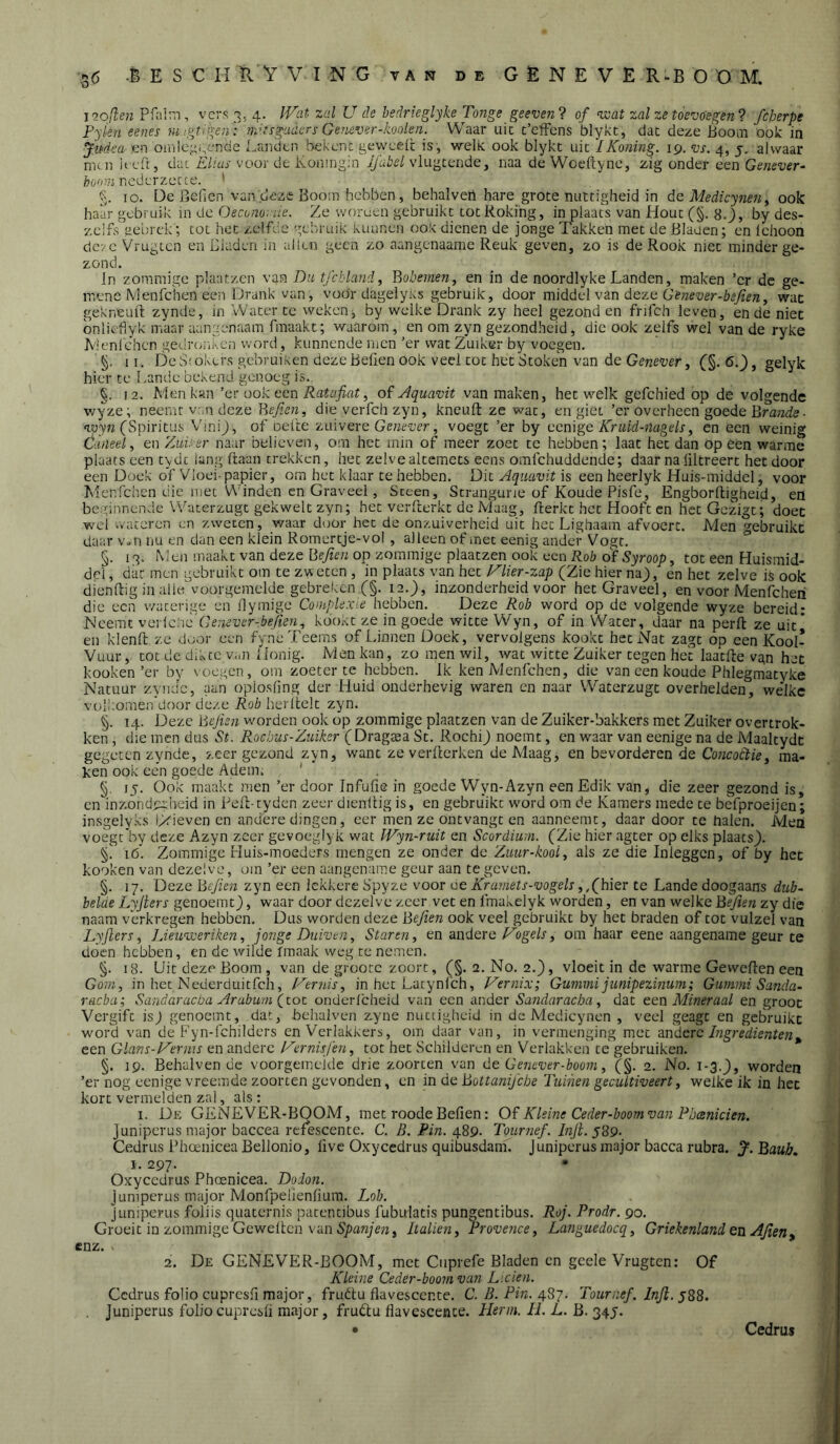 I20;'ïe;z Pfaim, vers 3, 4. IVat zal U de hsdrieglyke Tonge geevenl of voat zal ze toevoegen 9 fcherpe Pyien eenes nugtygen: ndtsgaders Genever-koolen. Waar uic t’effcns blykt, dat deze Boom ook in Judea en onilc^ui.cnde Landen bekent geweeii: is, welk ook blykt uit IKoning. 19. vs. 4, 5. alwaar nun ieeft, dat Eitus voor de Koningin ijuhel vlugtende, naa de Woeftyne, zig onder een Genever- nederzet te. ' g. 10. De Befien van deze Boom hebben, behalveri hare grote nuttigheid in Ae Medicynen^ ook haar gebruik 'm Oecono-iie. Ze woruen gebruikt tot Roking, in plaats van Hout (§. 80 5 by des- zeifs ttebrek; tot het zelfde gebruik Kunnen ook dienen de jonge Takken met de Bladen; en Ichoon dc'/c Vrugten en Bladen in alien geen zo aangenaame Reuk geven, 20 is de Rook niet minder ge- zond. In zommige plaatzcn van Du tfetdand, Bobemen, en in de noordlyke Landen, maken ’cr de ge- mene Menfchen een Drank van, voor dagelyks gebruik, door mlddielviLndeza Gënever-befien, wac gekneuil zynde, in Water te weken, by welke Drank zy heel gezond en frifch leven, en de niet bnlicflyk maar aangenaam fmaakt; waarom, en om zyn gezondheid, die ook zelfs wel van de ryke Kienichen gedrcziKcn word , kunnende men ’er wat Zuiker by voegen. §. II. De Stokers gebruiken deze Befien ook veel tot het Stoken van de Ge/ie'üer, CS-^O» gelyk hier te Lande bekend genoeg is. §. 12. Men kan ’er ook een Rat afiat, o? Aquavit van maken, hetwelk gefchied op de volgende wyze; neemt v'.n deze Be72i?7ï, die verfch zyn, kneuft ze wat, en giet ’er overheen goede Bra;zrlff. <103/72 (Spiritus ViniJ, of oelte zuivere Ge/zei'cr, voegt ’er by cemge Kruid-nagcls, en een weinig Cüneel, en ZuEer naar believen, om het min of meer zoet te hebben; laat het dan op een warme plaats een tydt lang ftaan trekken, het zelvealtemets eens omlchuddende; daar na ültreert het door een Doek of Vloei-papier, om het klaar te hebben. Dit Aquavit is een heerlyk Huis-middel, voor Menfchen die met Winden cn Graveel, Steen, Strangune of Koude Pisfe, Engborftigheid, eiï beginnende VVaterzugt gekwelt zyn; het verRerkt de Maag, Rerkt het Hooft cn het Gezigt; doet wel wateren cn zweten, waar door het de onzuiverheid uit het Lighaam afvoert. Men gebruikt daar v-m nu en dan een klein Romertje-vol , alleen of met eenig ander Vogt. §. 13. Men maakt van deze Be7?ra op zommige plaatzen ook een Rol? of .Syroop, tot een Huismid- del, dar men gebruikt om te zweten , in plaats van het yiier-zap (Zie hier naj), en het zelve iS ook dienftig in alle voorgemelde gebreken (§. 12.), inzonderheid voor het Graveel, en voor Menfcheii die een waterige en Ilymige CoDiplexte hebben. Deze Rob word op de volgende wyze bereid: Neemt vcric'ac Genever,beften^ kookt ze in goede witte Wyn, of in Water, daar na perfl; ze uit' en klenll; ze door een fyne Teems of Linnen Doek, vervolgens kookt het Nat zagt op een Kool- Vuur, tot de dikte van Honig. Men kan, zo men wil, wat witte Zuiker tegen het laatfte van het kooken’er by voegen, om zoeter te hebben. Ik ken Menfchen, die van een koude Phiegmatyke Natuur zynJc, aan opiosfing der Huid onderhevig waren en naar Waterzugt overhelden, welke volkomen door deze Rob herlielt zyn. §. 14. Deze Bejien worden ook op zommige plaatzen van de Zuiker-bakkers met Zuiker overtrok- ken , die men dus St. Roebus-Zuiker (Dragtea St. Rochi) noemt, en waar van eenige na de Maaltydt gegeten zynde, zeer gezond zyn, want ze verlterken de Maag, en bevorderen de Concoctiey ma- ken ook een goede Adem. ' §, 15. Ook maakt men ’er door Infufie in goede Wyn-Azyn een Edik van, die zeer gezond is, en inzonderheid in PeR-tyden zeer dienRig is, en gebruikt word om de Kamers mede te befproeijen; insgelyks l>fieven en andere dingen, eer men ze ontvangt en aanneemt, daar door te halen. Men voegt'by deze Azyn zeer gevoeglyk wat Wyn-ruit en Scordiuin. (Zie hier agter op elks plaats}. 16. Zommige Huis-moeders mengen ze onder de Zmir-kool, als ze die Inleggcn, of by het kooken van dezelve, om ’er een aangename geur aan te geven. §. 17. Deze Bejien zyn een lekkere Spyze voor ue Kramets-vogels, ,(hiQr te Lande doogaans dub- belae Lyjters genoemt}, waar door dezelve zeer vet en fmakelyk worden, en van welke Befien zy die naam verkregen hebben. Dus worden deze Befie7i ook veel gebruikt by het braden of tot vulzel van Lyflers y JJeunveriken, jonge Duiven, Staren, en andere om haar eene aangename geur te dóen hebben, en de wilde Imaak weg te nemen. §. 18. Uit deze Boom, van de grootc zoort, (§. 2. No. 2.}, vloeit in de warme GeweRen een Gom, in het Nederduitfeh, Kernis, in het Latynfch, Vernix', Gummi junipezinum; Gummi Sanda- Véicba; Sandaraeba Arubuin (tot ondcrlcheid van een ander Sandaraeba, dat ton Mineraal en groot Vergift isj genoemt, dat, belialven zyne nuttigheid in de Medicynen , veel geagt en gebruikt word van de Fyn-fchilders en Verlakkers, om daar van, in vermenging met Ingrediënten^ een Glans-F'erms en andere K'ernisfen, tot het Schilderen en Verlakken te'gebruiken. §. 19. Behalven de voorgemcidc drie zoorten van dt Genever-boom, (§. 2. No. 1-3.}, worden ’er nog eenige vreemde zoorten gevonden, en in de Bottanij'cbe Tuinen gecultiveert, welke ik in het kort vermelden za!, als: I. De GENEVER-BOOM, met roode Befien: Of Kleine Ceder-boom van Pbanicien. junipcrus major baccea refescente. C. B. Fin. ^89- Tournef.lnJi.y89- Cedrus Phcenicea Bellonio, live Oxycedrus quibusdam. Junipcrus major bacca rubra. J. Baub, I-. 297- Oxycedrus Phcenicea. Dodon. jumperLts major Monfpelienfium. Lob. Juniperus foliis quaternis patentibus fubulatis pungentibus. RoJ. Prodr. 90. Groeit in zommige GeweRen van 6pfl72ye72, Italien, Provence, Languedocq, Griekenland en Afien, enz. 2. De GENEVER-BOOM, met Ciiprefe Bladen cn gcele Vrugten: Of Kleine Ceder-boom van Licien. Cedrus folio cupresfi major, fruótu flavescente. C. B. Pin. 487. Tournef. Injl. j88. Juniperus folio cupresfi major, fruótu flavescente. Henn. H. L. B. 34J. Cedrus