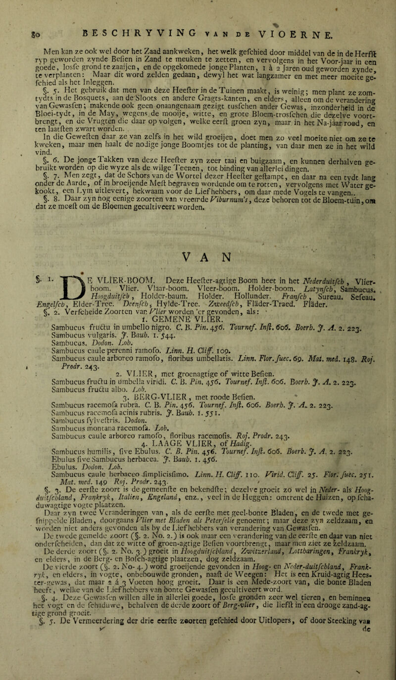 go BESCHRYVING van de VIOERNE. Men kan ze ook wel door het Zaad aankweken, het welk gefchied door middel van de in deHerfft rvp geworden zynde Beficn in Zand te meuken te zetten, en vervolgens in het Voor-jaar in een goede, loslc grond te zaaijen, en de opgekomede jonge Planten, i k 2 jaren oud geworden zynde te verplanten: Maar dit word zelden gedaan, dewyl het wat langzamer en met meer moeite ge- fchied als het Inloggen. ■ ° §. 5. Het gebruik dat men van deze Heefter in de Tuinen maakt, is weinig; men plant zezom- tydts in de Bosquets, aan de'Sloots en andere Gragts-kanten, en elders, alleen om de verandering vanGewasfen; makende ook geen onaangenaam gezigt tusfehen ander Gewas, inzonderheid in de Bloei-tydt, in de May, wegens,de mooije, witte, en grote Bloem-trosfchen die dezelve voort- brengt, en de Vrugten die daar op volgen, welke cerft groen zyn, maar in het Na-jaar rood, en ten laatften zwart worden. In die Geweften daar ze van zelfs in het wild groeijen, doet men zo veel moeite niet om ze te kweken, maar men haalt de nodige jonge Boomtjes tot de planting, van daar men ze in het wild vind. §. 6. De jonge Takken van deze Heeller zyn zeer taai en buigzaam, en kunnen derhalven ge- bruikt worden op die wyze als de wilge Teench, tot binding van allerlei dingen. §. 7. Men zegt, dat de vSchors van de Wortel dezer Heefler geftampt, en daar na een tydt lang onder de Aarde, of in broeijende Mell begraven wordende om te rotten, vervolgens met VVater ge- kookt, een Lym uitlevert, bekwaam voor de Lief hebbers, om daar mede Vogels te vangen.. §. 8. Daar zyn nog eenige zoorten van vrecirdc F'iburmm's, deze behoren tot deBloem-tuin,oni dat ze meell om de Bloemen gecultiveert worden. VAN §• VLiER-BOÖM. Deze Heefter-agtige Boom heet in het , Vlier- I 1 boom. Vlier. Vlaar-boom. Vleer-boom. Holder-boom. Latynfch^ Sambucus* J. Hoogduhj'ch, Holdcr-baum. Holder. Hollunder. Franfcb, Sureau. Sefeau, Engelfcb, Elder-Trcc. Deenfch^ Hylde-Tree. Z’Vtieedfcb^ Flader-Traed. FlUder. §. 2. Verfcheide Zoorten vanworden’er gevonden, als: ' i. GEMENE VLIER. Sambucus früclu in umbello higro. C. B. Pin. 4^6. Tournef. Infl, 606, Boerb. J. A. 2. 223. Sambucus vulgaris. J. Jdaiib. i, 544. Sambucus. Dodon. Lob. ^ Sambucus caule perenni r'amofo. Linn. H. Clif. 109. Sambucus caule arboreo ramofo, floribus umbellatis. Linn.Flor.fuec,6Q. Mat.med.14S. Roj. Prodr. 243. : 2. VLIER, met groenagtige of witteBefien. Sambucus fruclu in urabclla viridi. C. B. Pin. 4^6. Tournef. Infl. 606, Boerb. J. A. 2. 22^. Sambucus fruftu albo. J^ob. 3. BERG-VLIER, met roode Befien. * Sambucus racemofa rubra. C. B. Pin. 45Ö. Tournef. Infl. 606. Boerb. y. vf., 2. 223. Sambucus racemofaacinisrubris. J.Baub. i. jji. Sambucus fylveflris. Y)odon. Sambucus moncana racemofa. Lob. Sambucus caule arboreo ramofo, floribus racemofis. Roj. Prodr. 243. 4. LAAGE VLIER, oïHadig. Sambucus humilis, five Ebulus. C. B. Pin. 456. Tournef. Infl. 606. Boerb. J. A, 2. 223. Elbulus five Sambucus herbacea. 'J. Bauh. i. 456. Ebulus. Dodon. Lob. Sambucus caule herbaceo iimplicisfimo. Linn.H. Cliff. iio. Virid. Cliff. 25. Flor: fuec. 251. Mat. med. 149 Roj. Prodr. 243. » §. 3. De eerflc zoort is degemeenftc en bekendfie; dezelve groeit zó wel in Neder- als Hoog- duitfcblandi Frankryk., Italieiiy Engelandy enz,, veel in de Heggen: omtrent de Huizen, opfeha- duwagtige vogte plaatzcn. Daar zyn twee Veranderingen van , als de eerfte met gecl-bontc Bladen, en de twede met ge- fnippckie'BIaden, doorFlier met Bladen als Peterfelie genoenu\ maar deze zyn zeldzaam, en worden niet anders gevonden als by de Liefhebbers van verandering van Gewasfen. De cwede gemelde zoort (§. 2. No. 2.) is ook maar een verandering van de eerfle en daar van niet onderfcheiden, dan dat ze witte of groen-agtige Befien voortbrengt, maar men ziet ze zeldzaam. De derde zoort (§. 2. No. 3.} groeit in Hoogduitj'cblandy Zaxntzerland, Lottbaringeny Frankryky en elders, in de Berg-en Bofeh-agtige plaatzen, dog zeldzaam. De vierde zoort (§. 2. No- 4.} word groeijende gevonden in Hoog- en Neder-duitfcbland, Frank- ryky en elders, in vogte, onbebouwde gronden, naaft de Wecgen: Het is eenKruid-agtigHecs- tcr-gewas, dat maar 2^3 Voeten hoog groeit. Daar is een Medc-zoort van, die bonte Bladen heeft, welke van de Liefhebbers van bonte Gewasfen gecultiveert word. §. 4. Deze Gewasfen willen alle in allerlei goede, losfe gronden zeer wel tieren, en beminnen het vogt en de fchaduwe, bchalvcn de dorde zoon of Berg-vlier y die lieffl ineen drooge zand-ag- tigc grond groeit. 5. De Vermeerdering der drie cerfte z®orten gefchied door Uitlopers, of door Steeking van de N