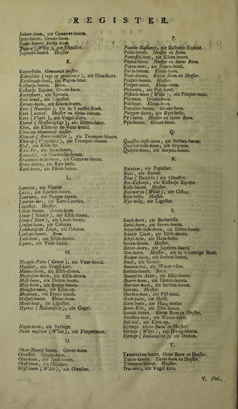 Jmbeer-boonif zie Genever-boora. Ipen-boom. Groote-hoom. Jüdas-boom. kleine boom. , * jujube (Witte ), zie Oleafler. jupiters-baard. Heejler. K. Kaperfolie. klimmende beefter. Kaperfolie Cregt op groeijenue') ^ zie Hondkers. Kardinaals-hoed, zie Papeo-hout. Kaflanje-boom. Boom. Kadanje Equine. Groote-boom. Katte lieert y zie Spiraca.- Keel- 'kruid, zie Ligufter. Kermes-boom y zie Éiken-boofn. Kcr^ ( Naantjes ), zie in ’t eerfte Boek. Kers Laurier. Heejler en kleine boo?nen> Kers (H'ogel-)y zie Vogel-Kers. Klaver ( Heejleragtigejy zie Ebben-houc. Klittiy zie Klim-op en Vuur-kruid. Klim-op klimmende beejler. Klim-op ( /Imencaarijcbejy zie Trompet-bloem. Klim-op ( Frginij'cbjy zie 'I’rompet-bloem. Klyf, zie Klim-op. Kork-hcy zie (pen-boom. Kornoelje, zie Gonioelje-boom. Krammets-befie-hoom, zie Genever-boom. Kruis-dooruy zie Ryn-beiie. Kurk-boom, zie Eiken-boom. L. Lantane y zie Viorne. Laxis, zie Lorken-boom. Laureora, zie Pteper-boom. Laurier-kers, zie Kers-Lauries. Ligufter. Heejler. I.inde-boom. Groote-boom. Linde ( Scbotfe), zie Efch doorn. Linde ( Steen), zie Linde-boom. Linjen-booniy zie Colutea. LombardJ'che Lijife, zie Colutea. Lorken-boom. Boom. Luit-hout, zie Efch-doorn. Lyneiiy zie Vuur-kruid. M. Maagde-Palrn ( Groote), zie Vuur-kruid. Mabaleb, zie Vogel-kers. Manna-boom, zie Efch-doorn. Masholder-hoom, zie Efch-doorn. Majl-boom, zie Denne-boom. May-boeke, zie Boeke-boom. Menijpermum, zie Klim-op. Mezereon, zie Peper-boom. Mifpel-boom. Kleine-boom. Mond hout, zie Ligufter. Myrtus ( Hollandfcbe ), zie Gagel. N. Nagel-boom, zie Syringe. Noote mujeaat ( Wilde ), zie Pimpernoot. Oker-Noote boom. Groote-boom. Oleafter. Groote-boom. Olm-boum, zie Ipen-boom. Olyf-boom, zie Oleafter. Olyf-boom (Wilde), zie.Oleafter. P. Paarde-Kajlanje, zieKaftanje Equine. Palm-boom. Heefler en Boom. Pantoffel-hout, zie Eiken-boom. Papen-hout. Heejler en kleine Boom. Papen-muts, zie Papen-hout. Pavia-boom. Kleine-boom. Peer-doorn. Kleine Boom en Heejler. Peeper-boom. Heejler. Pimper-noot. Kleine-boom. Pisharnin, zie Pok-hout. Pijlacie-boom ( Wilde ), zie Pimper-noot. Platanus. Groote-boom. Pokhout. Kleine-boom. Populier-boom. Groote-boom. Purgeer-doorn, zie Ryn-befie. Py 1-bout. Heejler en kleine Boom. Pyn-boom. Groote-boom. Q- Q_ua{[ler-bejte-hoom, zie Sorben-beom. Quartel-befie-boom, zie Bryonie. QuitJ'en-hoorn, zie Sorpen-boom. R. Ratelaar, zie Populier. Ruhs, zie 5umfik. Rhus ( Duitfche) zie Oleaft'^r. Ros-Kajlanye, zie Kaftanje Equine. Rofe-boom. Heefler. Rojemaryn (Wilde), zie Ciftus. Ryn-befie. Heefler. Ryn-wilg, zie Ligufter. S. Saufe-boom, zie Berberifle. Savel-boom, zie Seven-boora. Scbarlake-hejie-boom, zie Eiken-boom. Schotje Linde, zie Efch-doorn. Schyt-bejie, zie Duin-befie. Seven-boom. Heefler. Silver-doorn, zie Jupiters-baard. Slee-doorn. Heejler , zie in ’t voorige Bock. Sluiper-hoom, zie Sorben-boom. Smak, zie Sumak. Sneeuw-bal, zie Water-vlier. Sorben-boom. Boom. Spaanjehe Aaker, zie Eike-boom. Sparre-boom, zie Denne-boom. Sperwer-boom, zie Sorben-boom. Spiraca. Heejler. Sporken-hout, zie Pyl-hout. Steek-palm, zie Huift. Steen boeke, zie Haag-boeke. Steen-Eike, zie Eike-boom. Sumak-boom. Kleine'Qoom en Heejler. S-vüelken-hout, zie Water-vlier. Syk-loofy zJe Klim-op, Syringe. kleine Boom en Heejler. Syringe (Witte), zie Honig-bloera. Syringe (italiaanjebe ), zie Ibidem. T. Taraarisken-boom. kleine Boom en Heejler. Taxus-boom. Kleine boom en Heejler. Trompet-bloem. Heejler. zie. Vogel kers.