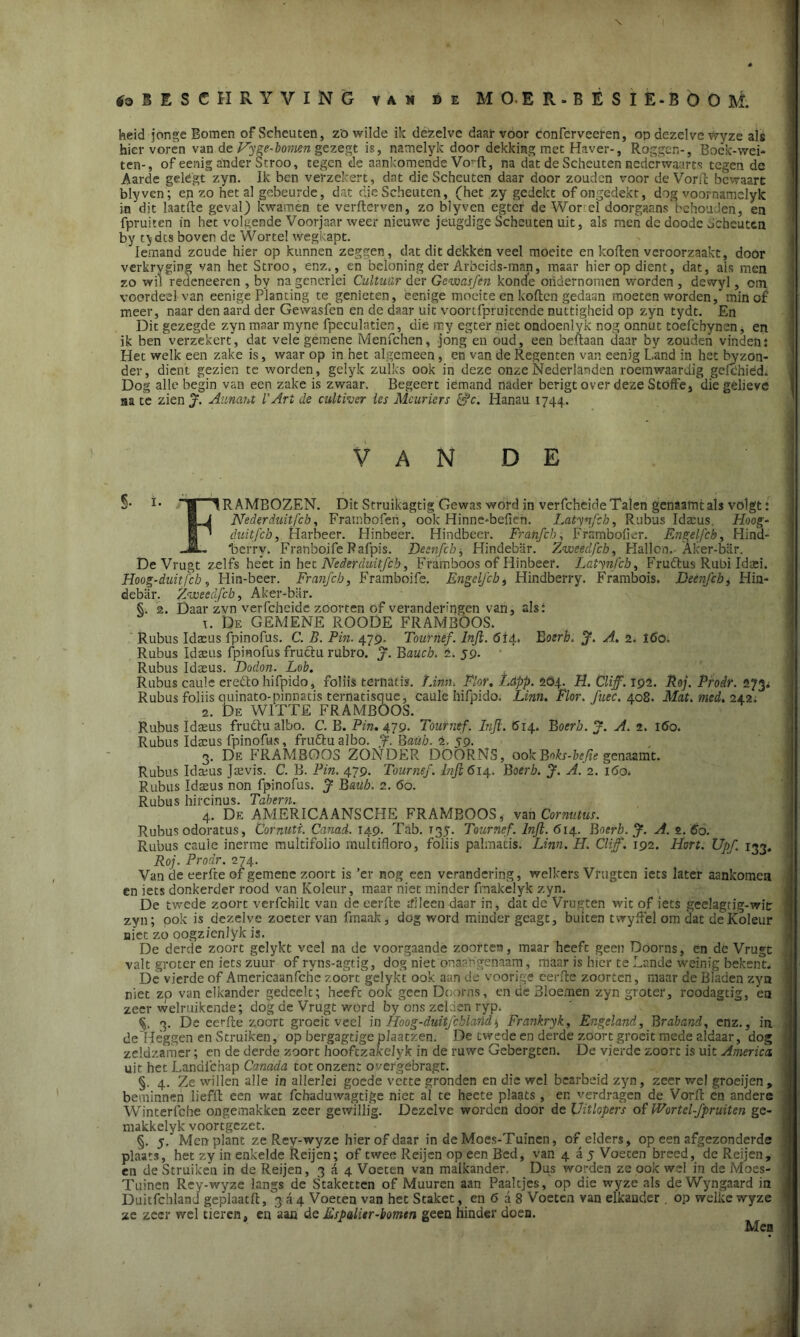 \ tfoBESCHRYVING van de MOER-BÉSIË-BOOM. heid jonge Bomen of Scheuten, zö wilde ik dezelve daarvoor Conferveeren, op dezelve wyze als hier voren van de Fy ge-bomen gezegt is, namelyk door dekking met Haver-, Roggen-, Bock-wei- ten-, of eenig ander Stroo, tegen de aankomende Vo^-ft, na dat de Scheuten nederwaarts tegen de Aarde gelegt zyn. Ik ben verzekert, dat die Scheuten daar door zouden voor de Vorft bewaart blyven; ep zo het al gebeurde, dat die Scheuten, (het zy gedekt of ongedekt, dog voornamelyk in dit laatfte geval) kwamen te verfterven, zo blyven egter de Wor el doorgaans behouJen, en fpruiten in het volgende Voorjaar weer nieuwe jeugdige Scheuten uit, als men de doodc Scheuten by t^des boven de Wortel wegkapt. Iemand zoude hier op kunnen zeggen, dat dit dekken veel moeite en kollen veroorzaakt, door verkryging van het Stroo, enz., en beloning der Arbcids-man, maar hier op dient, dat, ais men zo wil reclcneeren , by na generlei Cultuur der Gewasftn konde ondernomen worden, dewyl, om voordeel van eenige planting te genieten, eenige moeite en kollen gedaan moeten worden, min of meer, naar den aard der Gewasfen en de daar uit voortfpruitende nuttigheid op zyn tydt. En Dit gezegde zyn maar myne fpeculatien, die my egter niet ondoenlyk nog onnut toefchynen, en ik ben verzekert, dat vele gemene Menfchen, jóng en oud, een beftaan daar by zouden vinden: Het welk een zake is, waar op in het algemeen, en van de Regenten van eenig Land in het byzon- der, dient gezien te worden, gelyk zulks ook in deze onze Nederlanden roemwaardig gefehied. Dog alle begin van een zake is zwaar. Begeert iemand nader berigt over deze Stoffe, die gelieve sa te zien j. Aunant l’Art de cultiver les Mcuriers &c. Hanau 1744. VAN DE S* fl FRAMBOZEN. Dit Struikagtig Gewas word in verfcheideTalen genaatntals volgt: HJ Nederduit/'cb, Frambofen, ook Hinne-beficn. Latynfch, Rubus Idaeus. Hoog- B’ duitfeb, Harbeer. Hinbeer. Hindbeer. Franfch, Frambolkr. Engelfch, Hind- -JL *berry. Franboife Rafpis. Deenfcb, Hindebar. Zweedfcb, Hallon,- Aker-bar. De Vrugt zelfs heet in het Neder diuitfch, Framboos of Hinbeer. Latynfcb, Fru&us Rubi Idasi. Hoog-duitfeb, Hin-beer. Franfch, Framboife. Engelfch, Hindberry. Frambois. Deenfcb, Hin- debar. Zweedfcb, Aker-bar. 2. Daar zvn verfcheide zoorten of veranderingen van, als: 1. De GEMENE ROODE FRAMBOOS. Rubus Idceus fpinofus. C. B. Pin. 479. Tournef. Infl. 014. Boerb. J. A. 2. Itfo. Rubus Idasus fpinofus fruclu rubro. J. Baucb. 2. 59- Rubus Idatus. Dodoji. Lob. Rubus caule eredto hifpido, foliis ternatis. ÏAmn Flor. f.cipp. 204. H.Cliff. 192. Roj. Prodr. 273. Rubus foliis quinato-pinnatis ternatisque, caule Ilifpido. Linn. Flor. fuec. 408. Mat. med, 242, 2. De WITTE FRAMBOOS. Rubus Idasus fruclu albo. C. B. Pin, 479. Tournef. hifi. 614. Boerb. J. A. 2. 160. Rubus Idmus fpinofus, frudlualbo. cf. Baüb. 2. 59. 3. De FRAMBOOS ZONDER DOORNS, ookBoks-befie genaamt. Rubus Idceus Jtevis. C. B. Pin. 479. Tournef. hifi 614. Boerb. J. A. 2. 160. Rubus Idteus non fpinofus. J Bmb, 2. 60. Rubus hircinus. Tabern. 4. De AMERICAANSCHE FRAMBOOS* van Cornutus. Rubus odoratus, Cornuti. Canad. 149. Tab. T35. Tournef. Infl. 614. Boerb. J. A. 2. 60. Rubus caule inerme multifolio muitifloro, foliis palmatis. Linn. H. Clif. 192. Hort. Upf. 133. Roj. Prodr. 274. Van de eerfte of gemene zoort is ’er nog een verandering, welkers Vrugtcn iets later aankomen en iets donkerder rood van Koleur, maar niet minder fmakelyk zyn. De twedë zoort verfchilt van de eerllc Hl leen daar in, dat de Vrugten wit of iets geelagtig-wit zyn; ook is dezelve zoeter van finaak, dog word minder gcagt, buiten twyftel om dat de Koleur niet zo oogzienlyk is. De derde zoort gelykt veel na de voorgaande zoorten, maar heefc geen Doorns, en de Vrugt valt groter en iets zuur of ryns-agtig, dog niet onaangenaam, maar is hier te Lande weinig bekent. De vierde of Americaanfche zoort gelykt ook aan de voorige eerlle zoorten, maar de Bladen zyn niet zo van elkander gedcelt; heefc ook geen Doorns, en tie Bloemen zyn groter, roodagtig, en zeer welruikcnde; dog de Vrugt word by ons zelden ryp. §. 3. De ee>*lle zoort groeit veel in Hoog-duitjcbiand* Frankryk, Engeland, Braband, enz., in de Heggen en Struiken, op bergagtige plaatzen. De twede en derde zoort groeit mede aldaar, dog zeldzamer; en de derde zoort hooftzakelyk in de ruwe Gebergten. De vierde zoort is uit America uit het Landichap Canada tot onzent overgebragt. §. 4. Ze willen alle in allerlei goede vette gronden en die wel bearbeid zyn, zeer wel groeijen, beminnen liefft een wat fchaduwagtige niet al te heete plaats , en verdragen de Vorft en andere Winterfche ongemakken zeer gewillig. Dezelve worden door de Uitlopers of Wortel-fpruilen ge- makkelyk voortgezet. §. 5.' Men plant ze Rey-wyze hier of daar in de Moes-Tuïnen, of elders, op een afgezonderde plaats, het zy in enkelde Reijen; of twee Reijen op een Bed, van 435 Voeten breed, de Reijen, en de Struiken in de Reijen, 3 a 4 Voeten van malkander. Dus worden ze ook wel in de Moes- Tuinen Rey-wyze langs de Staketten of Muuren aan Paaltjes, op die wyze als de Wyngaard in Duitfchland geplaatft, 3 a 4 Voeten van het Staket, en 6 a 8 Voeten van elkander . op welke wyze ze zeer wel tieren, en aan de Espaiier-bomen geen hinder doen. Men