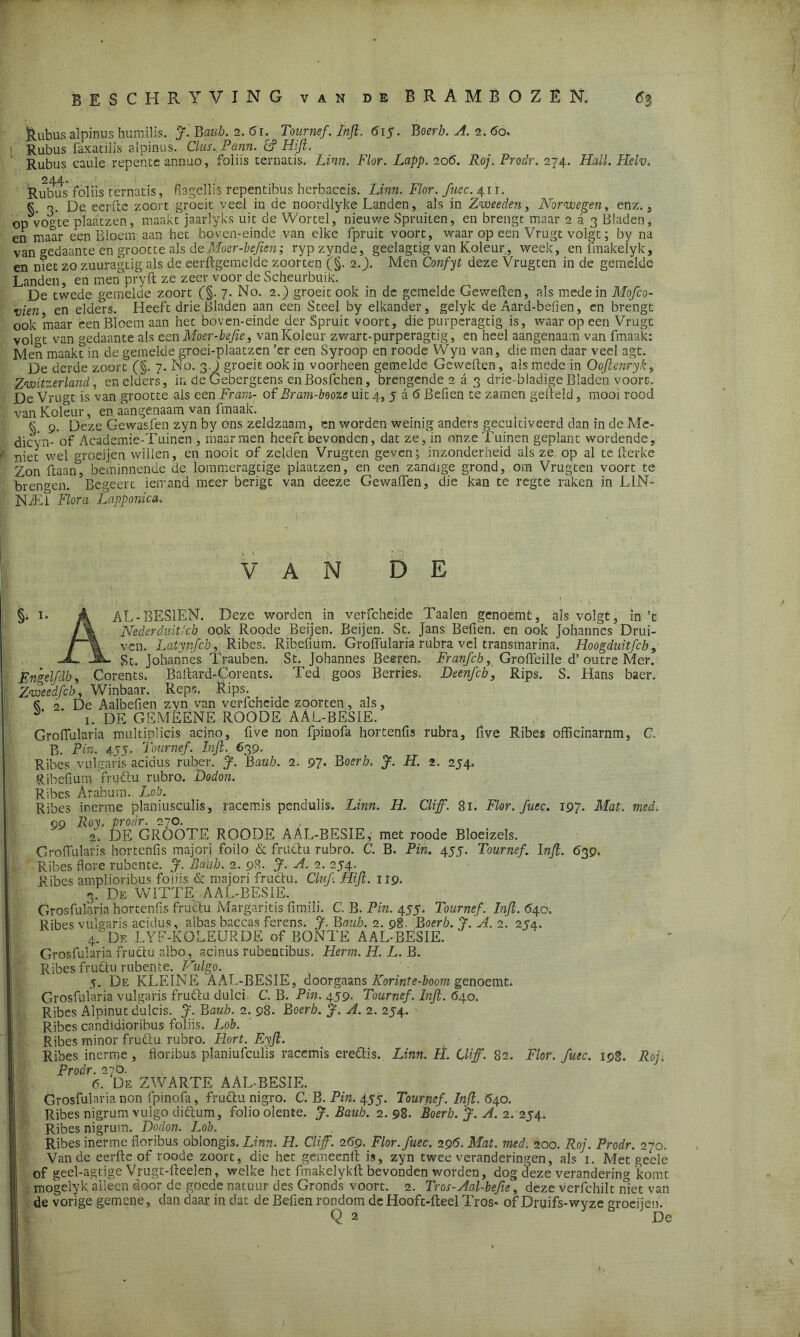 kubus alpinus humilis. J. Baub. 2. 61. Tournef . Injl. 615. Boerb. A. 2.60, ! Rubus faxatilis alpinus. Clus.Pann. & Hifi. Rubus caule repente annuo, foliis ternatis. Linn. Flor. Lapp. 206. Roj. Prodr. 274. Hall. Helv. 244» Rubus foliis ternatis, flagellis repentibus berbaceis. Linn. Flor. fuec. 41 r. k o, De ecrlte zoort groeit veel in de noordlyke Landen, als in Zweeden, Norwegen, enz. , op vogte plaatzen, maakt jaarlyks uit de Wortel, nieuwe Spruiten, en brengt maar 2 a 3 Bladen, en maar een Bloem aan het boven-einde van elke fpruit voort, waar op een Vrugt volgt; by na van gedaante en grootte als deMoer-bejien; rypzynde, geelagtig van Koleur, week, en fmakelyk, en niet zo zuuragtig als de eerftgemelde zoorten (j§- 2.). Men Confyt deze Vrugten in de gemelde Landen, en men pryft ze zeer voor de Scheurbuik. De twede gemelde zoort (§. 7. No. 2.) groeit ook in de gemelde Gewefcen, als mede in Mofco- vien en elders. Heeft drie Bladen aan een Steel by elkander, gelyk de Aard-befien, cn brengt ook maar een Bloem aan het boven-einde der Spruit voort, die purpcragtig is, waar op een Vrugt vol° t van gedaante als een Moer-befie, van Koleur zwart-purperagtig, en heel aangenaam van fmaak: Men maakt in de gemelde groei-plaatzen ’er een Syroop en roode YVyn van, die men daar veel agt. De derde zoort (§. 7. No. 3.) groeit ook in voorheen gemelde Geweften, alsmede in Oojlenryk, Zwitserland , en elders, in deGebergcens enBosfchen, brengende 2 a 3 drie-bladige Bladen voort. De Vrugt is van grootte als een Fram- of Bram-beoze uit 4, 5 a 6 Befien te zamen getteld, mooi rood van Koleur, en aangenaam van fmaak. k 9. Deze Gewasfen zyn by ons zeldzaam, en worden weinig anders gecultiveerd dan in de Me- dicyn- of Academie-Tuinen , maar men heeft bevonden, dat ze, in onze Tuinen geplant wordende, niet wel groeijen willen, en nooit of zelden Vrugten geven; inzonderheid als ze op al tc Kerke Zon Kaan3, beminnende de lommeragtige plaatzen, en een zandige grond, om Vrugten voort te brengen. * Begeert iemand meer berigt van deeze Gewaffen, die kan te regte raken in LIN- NfEl Flora Lapponica. VAN DE §; i. A AL-BESIEN. Deze worden in velTeheide Taaien genoemt, als volgt, in ’c J\ Nederduiticb ook Roode Beijen. Beijen. St. Jans Befien. en ook Johannes Drui- f~\ ven. Latynfcb, Ribes. Ribefiüm. Groffularia rubra vel transmarina. Hoogduitfeb, jK. Johannes Trauben. St. Johannes Beeren. Franfcb, Grofleille d’outre Mer. Engelfdb, Corents. Baftard-Corents. Ted goos Berries. Deenfcb, Rips. S. Hans baer. Zweedfeb, Winbaar. Reps. Rips. 2. De Aalbefien zvn van verfchcide zoorten, als, 1. DE GEMÈENE ROODE AAL-BESIE. Groffularia multiplicis acino, live non fpinofa hortenfis rubra, five Ribes officinarnm, C. B. Pin. 455. Tournef. Injl. 639. Ribes vulgaris acidus ruber. J. Baub. 2. 97• Boerb. J. H. 2. 254. Ribefiüm fruöu rubro. Dodon. Ribes Arabum. Lob. Ribes inerme planiusculis, racemis pcndulis. Linn. H. CU ff. 81. Flor. fuec. 197. Mat. med. 99 Roy. prodr. 270. 2. DE GROOTE ROODE AAL-BESIE, met roode Bloeizels. Groffularis hortenfis majori foilo & fntclu rubro. C. B. Pin. 455. Tournef. Injl. 639. Ribes flore rubente. J. Baub. 2. 98. J. A. 2. 254. Ribes amplioribus foliis & majori fructu. Cluf FUJI. 119. 3. De WITTE AAL-BESIE. Grosfularia hortenfis fruCtu Margaritis fimili. C. B. Pin. 455. Tournef. Injl. 540. Ribes vulgaris acidus, albas baccas ferens. J.Bauh. 2.98. Boerb. J. A. 2. 254. 4. ' De LYF-KOLEURDE of BONTE AAL-BESIE. Grosfularia fructu albo, acinus rubentibus. Herin. H. L. B. Ribes fructu rubente. Vulgo. 5. De KLEINE AAL-BESIE, doorgaans Korinte-boom genoemt. Grosfularia vulgaris fructu dulci. C. B. Pin. 459. Tournef. Injl. 640. Ribes Alpinut daleis. J. Baub. 2. 98. Boerb. J. A. 2. 254. Ribes candidioribus foliis. Lob. Ribes minor fruftu rubro. FLort. Eyjl. Ribes inerme, fioribus planiufculis racemis eredtis. Linn. H. Cliff. 82. Flor. fuec. 198. Roj. Prodr. 270. 6. De ZWARTE AAL-BESIE. Grosfularia non fpinofa, fructu nigro. C. B. Pin. 455. Tournef. Injl. <540. Ribes nigrum vulgo diftum, folio olente. J. Bauh. 2.98. Boerb. J. A. 2. 254. Ribes nigrum. Dodon. Lob. Ribes inerme fioribus obiongis. Linn. H. Cliff. 269. Flor. fuec. 296. Mat. med. 200. Roj. Prodr. 270. Van dc eerfte of roode zoort, die het gemeenlt is, zyn twee veranderingen, als 1. Met geelc of geel-agtige Vrugt-fteelen, welke het fmakelykll bevonden worden, dog deze verandering komt mogelyk alleen door de goede natuur des Gronds voort. 2. Tros-Aal-befie, deze verfchilt met van de vorige gemene, dan daar in dat de Befien rondom dc Hoofc-Iteel Tros* of Druifs-wyze groeijen.