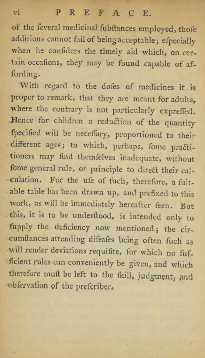 of the feveral medicinal fubftances employed, thole additions cannot fail of being acceptable; efpecially when he conliders the timely aid which, on cer- tain occafions, they may be found capable of af- fording. With regard to the dofes of medicines it is proper to remark, that they are meant for adults, where the contrary is not particularly exprefled. 31ence for children a reduclion of the quantity fpecified will be neceflary, proportioned to their different ages; to which, perhaps, fome pia6ii- tioners may find themfelves inadequate, without fome general rule, or principle to direa their cal- culation. For the ufe of fuch, therefore, a fuit- able table has been drawn up, and prefixed to this work, as will be immediately hereafter feen. But this, it is to be underftood, is intended only to fupply the deficiency now mentioned; the cir- cumftances attending difeafes being often fuch as will render deviations requifite, for which no fuf- ficient rules can conveniently be given, and w'hich therefore mull be left to the Ikill, judgment, und obfervation of the preferiber*