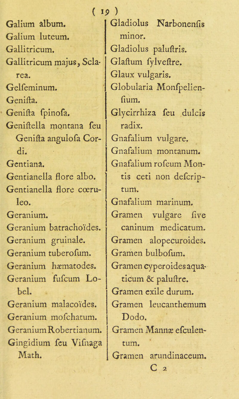 Galîum âlbum. Galium luteum. Gallitricum. Gallitricum majus, Scla- rea. Gelfeminum. Genifta. Genifta fpinofa. Geniftella montana feu Genifta angulofa Cor- di, Gcntianâ. Gentianella flore albo. Gentianella flore cœru- leo. Géranium. Géranium batrachoïdes. Géranium gruinale. Géranium tuberofum. Géranium hæmatodes. Géranium fufcum Lo- bel. Géranium malacoïdes. Géranium mofchatum. Géranium Robertianum. Gingidium feu Vifnaga Math. Gladiolus Narbonenfis minor. Gladiolus paluftris. Glaftum fylveftre. Glaux vulgaris. Globularia Monfpelien- fium. Glycirrhiza feu .dulcis radix. Gnafalium vulgare. Gnafalium montanum. Gnafalium rofeum Mon- tis ceti non deferip- tum. Gnafalium marinum. Gramen vulgare flve caninum medicatum, Gramen alopecuroides. Gramen bulbofum. Gramen cyperoides aqua- ticum ôc paluftre. Gramen exile durum. Gramen leucanthemum Dodo, Gramen Mannæ efculen- tum. Gramen arundinaceum.