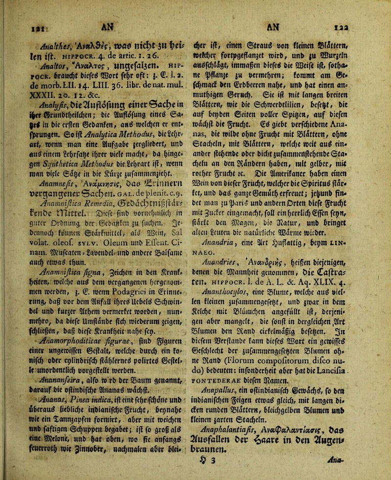 Itt Anahkes, ’A»«X3fV, voae nic^t sw ^ciV len ifi- HiPPOCR. 4. de artic. I. 26. AnaHos/, wngefaisen* hip- rocR. feraiK^t bicfeö CKort f(^r off: j. €. i. a. de morb.LII. 14. LIII. 36. libr. denat.mul. XXXII. 20. 12.&C. Analyß!^ t>ie 2twfldrwng einer ©ac^e in ©runbfbciIcbfH; bic ^uflo'fnng eineö ©a» in bic crflen ©ebanfen, anö er enf» fy^rungen. ^^X^AnalyticaMethodm^ bicSef)r? orf, wenn man eine Siufgabe jergliebert, unb nuö einem Sebrfa^e i^rer biele mad)t, ba binge* gen Synthetica Methoduj bie Sebrarf i|I/ wenn man bific @5^e in bie ^uric jufammcnjicbf. Anamneßs^ 'AvotfAVYi^is, öae ^Jtvinnevn vergangener Sachen, gal. de j)lenit.c.9. Anamnißka Remedia^ (Btbäd^tnifyftäVi fenöe tllittel. 2)icfe finb borncbmlid) in guter Orbnimg ber ©ebaufen ju fud)m. 3«' bennod) fenneu ©tdrfmittd, aii^ 5®ctn, Sai volat. oleof. svlv. Oleum unb Eflfeut. Ci* nam. ?9iufcatcn ^ laoenbeU unb anbere Salfame auch etwa^ fbun. Anamnißka figna, i*^ ^tranf* beiten, weld)e oud bem oergangenen bergeuom* men werben, j. ©. wenn Podagrici in ©rinne» rung, bag bor bem Slnfaö ibreö Uebelö ©cbwin» bei unb furjer 9ttbem öermerfet worben, nun» mebro, ba biefe Umgdnbe geb wieberum jeigen, fd)licgen, bag biefe Äranfbeit nabe fe^. Anamorphoditkae figurae^ gnb gtgnren einer nngewigen ©egalt, weldje burd) ein fo» nif(^ ober cplinbrifd) gdbferneö polirte^ ©egel» Je unorbentlicb borgegeßf werben. Anananfeira, aifo w'rb ber 93aum genannt, barauf bie oginbifd)e 3lnana<f wdd)|!. Ananas^ Pinea indka, ifl eine febr febdne unb ßberauö (iebfidje inbianig^e gruegt, be^nabe Wie ein Xonnjapfen forrairt, aber mit weichen tmb faftigen ©ebuppen begäbet j ijl fo grogalö eine ?9?efone, unb bnt oben, wo gc anfangs feuerrotb wie Jinnober, nacbmalen aber blei* (her ifl, einen ©frauö non flehten JBldtfern, »ffd)er fortpgeganjet wirb, unb ju ©urjeln an^fdjldgt, immagen biefeS bie SBeife ifl, fotbo* ne ^ganje jw permebren; fommt am @e» fdjmacf ben ©rbbeeren nabe, unb bat einen an» mutbigen ©eracb. ©ie ig mit langen breiten flattern, wie bie ©cbwerbtlilien, befe^, bie auf bepben ©eiten öoffer ©pipe«, auf biefen wdd)g bie gruebt. ©ö gtebf uerfebiebene Ana- nas, bie wilbe ohne gruebf mit flattern, ebne ©tacbeln, mit flattern, weld)e weit au^ ein» anber ge^enbe ober bid)f jufammertgebenbe©fa» cbeln an benSHanbern haben, mit gelber, mit rotber gruebt tc. ©ie 3lmerifancc haben einen ?ajetn pon biefer Smebt, weldjer bie ©pirifu^ gdr« fct,unb baö ganic©emutb erfreuet; jebunb gn» bet man ju^ari^ unb anbern Orten biefe gruebt mit 3ucfer cingeinacbt, foß ein herrlich ©ffen fepn, gdrft ben 50?agcn, bie 3latur, unb bringet alten 2eufea bie natürliche SEdrme wieber. Anandriai eine 3lrt .^ugattig, bepm hn» NAEO. Anandries, ’Amvd^ivjs, beigen biejenigen, benen bie SEUannbeit genommen, t)ic Caflrö? tcn. HipPocR. J. de A. L. &. Aq. XLIX. 4. Ananthocylos^ eine 35lume, weldjc auö biel» len fleincn jufammengefepf, unb jwar in bem belebe mit Sßlumd)fn angefußt ig, berjeni» gen aber mangelt, bie föng in bergleidjen,3lrt SBluraen ben Dvanb cirfelmdgig befei^en. g« biefem Sßerganbe fann biefeö 5Borf ein gewige^ ©cfd)led)f ber jufammengefe^fen SSlumen ob* ne Slanb (Florum compofitorum difco nu- do) bebeuten; infonberbeit aber bat bie Lancifia. poN TEUER AE biefen 3Ramen. Anapallus^ ein oginbianifcb ©ewdeb^, fo ben inbianifeben feigen etwad gleidv mit langen bi» den runben flattern, bleid^gelben Blumen unb fleincn jarten ©tadbeln- Anaphatantiaßsf Avet<PoiKxvTlxffif, t)a9 Qiüefaüen C>er ^«arc in {>ew braunen. 3 ditith