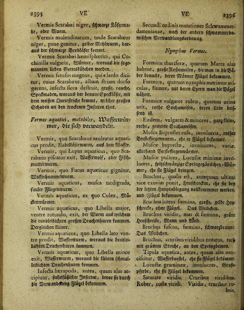 2 595 Vermls Scarabal niger, fc^ttjdrje be, obec ?ffiurm. Vermis moiendinarum, unde Scarabaeus niger, panegenitus, gefber^S'it'bfwurm; bar» guö ber fc^wavje SBrcbfnfec fomnU. Vermis Scarabasiharmifphaerici, qui Co- chinilla vulgaris, 5Ö3urnjer, ti'orau^ bk fogc» ttgnnfen lieben ©offeßfubd)CH werben. Vermis fetofusmagnus, ’quialardo dici- tur, cuius Scarabxus, albam ftriam dorfo gerens, infeda ficca dedruit, gro§c, raud)e, gpeefmaben, worauf ber braune^pedfafer^ mit bem weifen Queerfrid)e fomnit, wcld)er grofen 0c^aben «n ben troefenen ^wfi’cten Vermes aquatici, mutabifes, XPaj]ei‘tvüvv mer, t'ie ild} vein?anC)eln. Vermis, quo Scarabaeus aeuleatus aquad- cus prodit, S^abclfflferwuvm, nuö bem Söafcr. Vermis, qui Lupus aquaticus, quo Sca- rabaeus pifeator exit, 53Saj|crWolf, ober §ifd)» jnikfeiwurm. Vermis, quo Fucus aquadcus gignitur, sffiaferfummefwnrm. Vermis aquadcus, mufca tardigrada, fauler giiegenwurm. Vermis aquadcus, ex quo Culex, SiKu* jfenwöcmer. Vermis aquaticus, quo Libella major, ventre rotundo, exit, ber 5S?urm au^ welchem bie runb(eibid)tcn grofen £)rac^en^urcn fonimen. 5Dergleid)en deiner. Vermls aquaticus, quo Libella lato ven- tre prodit, ©aferWurm, werauö bie breitlei* Jbid)ten©rad)enburcn kommen. Vermis aquaticus, quo Libella minor exit, ©aferwurm, worauf bk deinen fd^mal» Ieibid)ten 2)rad}enf)uren fommen. Infeda liexapoda, antea, quam alas ac- cipiunt, fed)s^fufid)te beporfeburc^ bk SSerwanb^fimg glugel befommm, VB 2395 Secundi ordinis mutationes Scliwamraer- dammianae, nad) ber anbern fc^wannneiba* , mifc^en ajerwgnblung^orbnung. Nymphae Fermes, Formicjc thuriferae, quarum Mares alas habeiit, grcfeüiofome/fen, bteinan in bk^a^ bet brandet, bereu ?(}idnner gfugel befonimen. r Formica, quarum nymphis nutrimus avi- j ciilas, fkiuere, mit bereu Cpern man bie S3ogel !■ nd)ret. j, Formica; vulgares rubrx, quarum urina ■ urit, vetbc 6eicf?attieifen, beten Urin beif* fenb ift. ! Easdem, vulgares & minores, gnnjdkine, | rot^e, gemeine geidjameifen. | Mufca Eupredes rufa, involucris, rot^CC jl S5erfeficgenwurm, efe er giugcl befonmif. | Mufca; bupreda;, involucres, varia;, ' ößerbaub ^Berfefiegenwurmer. , ' Mufcje pulices, Locuda; minima; invo- lucres , fpi^febwaniige gpriiigeganöc^en»Sßur* iner, e^e fe glugel bringen. Ilruchus, qualis ed, antequam ultima vice exuvias ponit, 5penfd)recfen, e^e fte bep ber leßten .^anptabkgnng boUfommener werben, «nb gingel befommen. Eruchus luteus foemina, grefe, gelbe jQeu» fdjrecFe, ohne glngef. 2)a^ SBcibdn’n. Bruclius viridis, mas & foemina, gränc jpenfe^reefe, SJann nnb Sl?eib. Bruchus fufeus, foemina, fdjwarjbrannc. S)a^ 5Bcibd?en. Bruchus, cruribus viridibus notatus, rat^ mit grünem gfriefe, an ben gpringbeinen. Tipula aquadca, antea, quam alas nan- j cifeitur, 5S3a(ferborfeI, e^e fieginge! befdramf. 1 - Locuda; graminea;, involucres, ©rafe' j pferbe, e!)e fte ginge! belfemmen. ! Saturate viridis, Cruribus viridibus. | Ruber, codaviridi. Viridis, cruribus ru- | brüs.