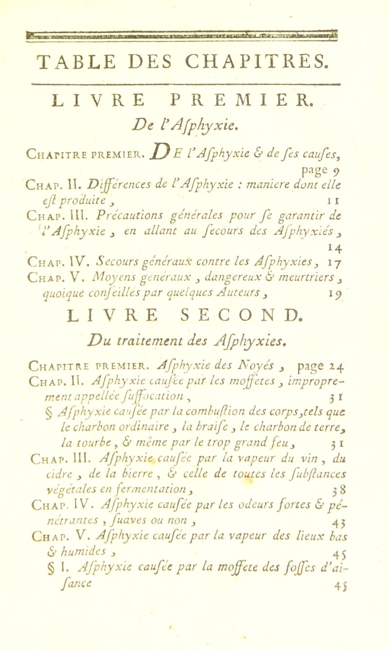 TABLE DES CHAPITRES. LIVRE PREMIER. De U Asphyxie. CHAriTR.E PREMIER. D E EJfphyxic & de fes caufes, page 9 Chap. 11. Différences de dAfphyxie : maniéré dont elle ejl produite j 11 Chap. lll. Précautions générales pour fe garantir de Afphyxie 3 en allant au fecours des Ajphyxiés j 14 Chap. IV. Secours généraux contre les Afphyxies3 17 Chap. V. Moyens généraux 3 dangereux & meurtriers 3 quoique conjeilles par quelques Auteurs 3 i p LIVRE SECOND. Du traitement des Afphyxies, Chapitre premier. Afphyxie des Noyés 3 page 2.4 Chap. 11. Afphyxie cauj'ee par les mofetes 3 impropre- ment appellée fuffocation , 3 i § Afphyxie caffée par la comhuftion des corps 3tels que. le charbon ordinaire la braife le charbon de terre3 la tourbe , & meme par le trop grand feu 3 3 i Chap. III. Afphyxie. eau fée par la vapeur du vin, du cidre 3 de la bierre , 6’ celle de toutes les fubflances végétales en fermentation 3 38 Chap. IV. Afphyxie caufée par les odeurs forces & pé- nétrantes , fuaves ou non 3 Chap. V. Afphyxie caufée par la vapeur des lieux bas «S* humides 3 § 1. Afphyxie caufée par la moffete des fojfcs d’ai- fancc 45