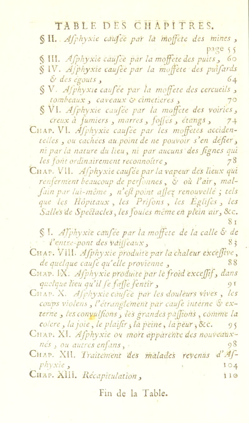 § II. Afphyx'ic cjufec par la 'mojfcte des mines , p.-iae <; 5 § ni. Afphyxie caufec par la moffete des puits6o § IV. Aj'phyxie caufte par la mojfete des puifards & des égouts j <j4 § V. Ajphyxie cauféc par la moff'etc des cercueils j tombeaux ^ caveaux ù’ cirnetLcres j yo § Vl. Afphyxie caufée par la moffete des voiries^ creux à j limiers marres j joj[les j étangs ^ 74 Ch A P. VI. Ajphyxie caufee par les moffetes acciden- telles J ou cachées au point de ne pouvoir s’en déjîeiy ni par la nature du heu ^ ni par aucuns des fignes qui les font ordinairement reconnoitre 78 Ch AP, VU. Afphyxie caufée par la vapeur des lieux qui renferment beaucoup de perfonnes y 6’ où l’air y mal- Jain par lui-même j n’ejipoint afe\ renouvellé ; tels que les Hôpitaux , les PriJ'ons , les EghJ'es les Sallésde Spectacles y les foules même en plein air 3 &c. 81 § î. ATphyxie carifée par la moffete de la calle 6’ de l’entre-pont des vàijjeaux 3 85 Chat. Vill. Afphyxie produite par la chaleur excejfive y de quelque caufe qu elle provienne 8 8 Chap. i'X. Ajphyxie produite par le froid excejfif3 dans quelque lieu qu’il Je faffe fentïr 3 P Chap. X. AJphyxie caufée par les douleurs vives y les coups violais 3 l’étranglement par caufe interne «S’ ex- terne 3 les conypiljions 3 tes grandespùjfwhs , comme la coierc 3 la foie, le plaifr la peine, la peur j &c. 9 5 Chap. XI. Afphyxie ou mort apparente des nouveanx- nés 3 ou autres enjans y 98 Chap. XII. Traitement des malades repentis d’Af- phyxie 3 . 104 Chap. AÜi. Récapitulation 3 11© Fin de la Table.