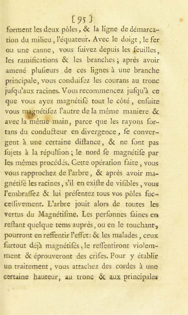 [953 forment les deux pôles, & la ligne de démarca- tion du milieu, l’équateur. Avec le doigt, le fer ou une canne, vous fuivez depuis les feuilles, les ramifications & les branches ; après avoir amené plufieurs de ces lignes à une branche principale, vous conduifez les courans au tronc jufqu’aux racines. Vous recommencez jufqu’à ce que vous ayez magnétifé tout le côté , enfuite vous nwnétifez l’autre de la même maniéré &c avec la même main, parce que les rayons for- tans du conducteur en divergence, fe conver- gent à une certaine diftance, & ne font pas fujets à la répulfion ; le nord fe magnétifé par les mêmes procédés. Cette opération faite, vous vous rapprochez de l’arbre, & après avoir ma- gnétifé les racines, s’il en exifte de vifibles, vous l’embraffez & lui préfentez tous vos pôles fuc- celfivement. L’arbre jouit alors de toutes les vertus du Magnétifme. Les perfonnes faines en reliant quelque terns auprès, ou en le touchant, pourront en reffentir l’effet: & les malades, ceux furtout déjà magnétifés, le refendront violem- ment & éprouveront des crifes. Pour y établir un traitement, vous attachez des cordes à une certaine hauteur, au tronc & aux principales