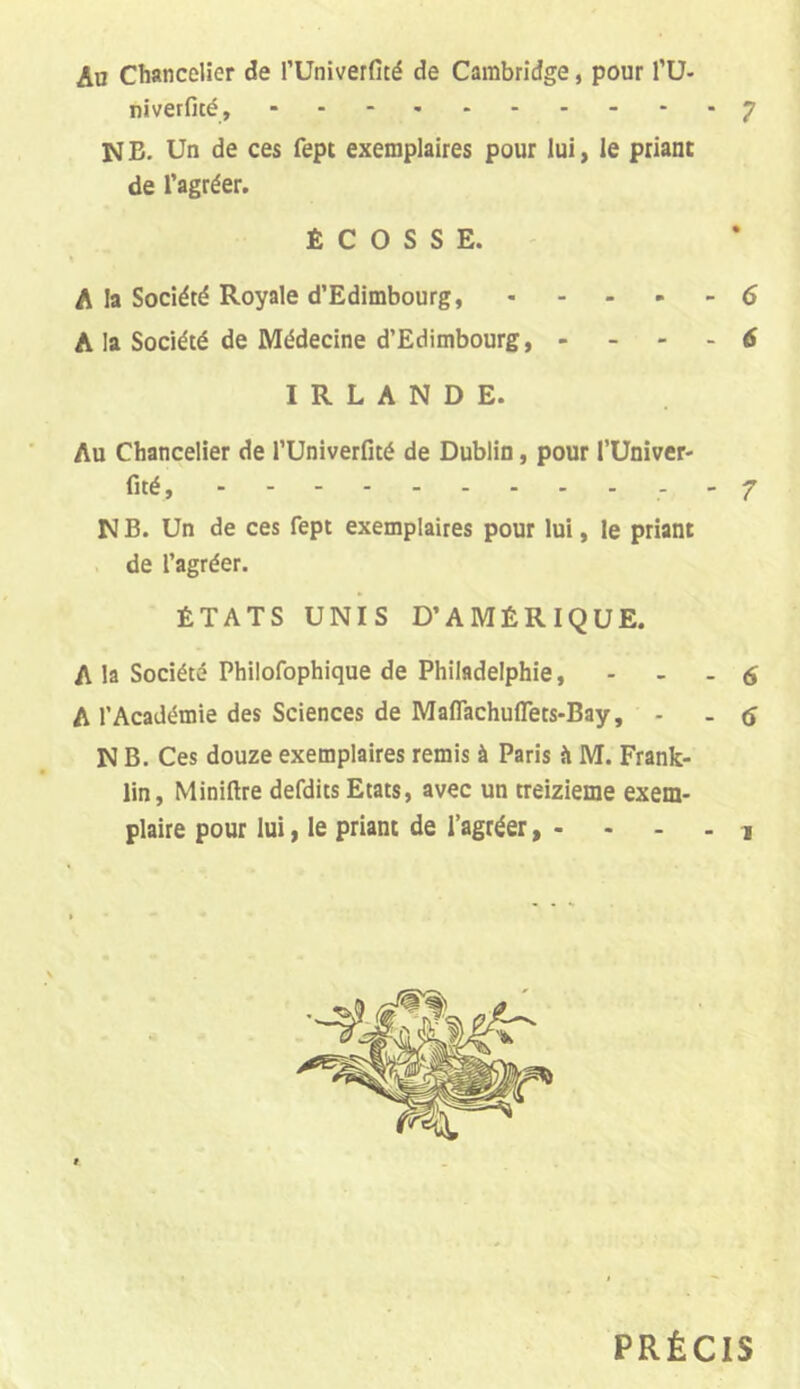 Au Chancelier de l’Univerfité de Cambridge, pour l’U- niverfité, 7 N B. Un de ces fept exemplaires pour lui, le priant de l’agréer. ÉCOSSE. A la Société Royale d’Edimbourg, 6 A la Société de Médecine d’Edimbourg, - 6 IRLANDE. Au Chancelier de l’Univerfité de Dublin, pour l’Univer- fité, - - 7 N B. Un de ces fept exemplaires pour lui, le priant de l’agréer. ÉTATS UNIS D’AMÉRIQUE. A la Société Philofophique de Philadelphie, ... <5 A l’Académie des Sciences de Maflachuflets-Bay, - - N B. Ces douze exemplaires remis à Paris h M. Frank- lin, Miniftre defdits Etats, avec un treizième exem- plaire pour lui, le priant de l’agréer, - - - - 1 PRÉCIS