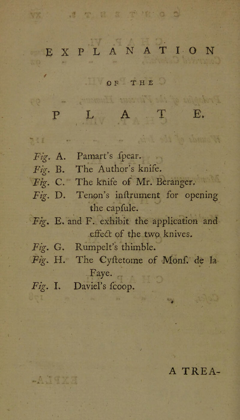 f OF THE ■ PLATE. Fig, A. Pamart’s fpear. Fig, B. The Author’s knife. Fig, C. The knife of Mr. Bera'nger. ■ Fig. D. Tenon’s inftrument for opening the capfule. Fig, E, and F. exhibit the application and effedt of the twp knives. Fig. G. Rumpelt’s thimble. Fig, H. The Cyftetome of Monf.' de la Faye. _ . Fig. I. Daviel’s fcoop. A TREA-