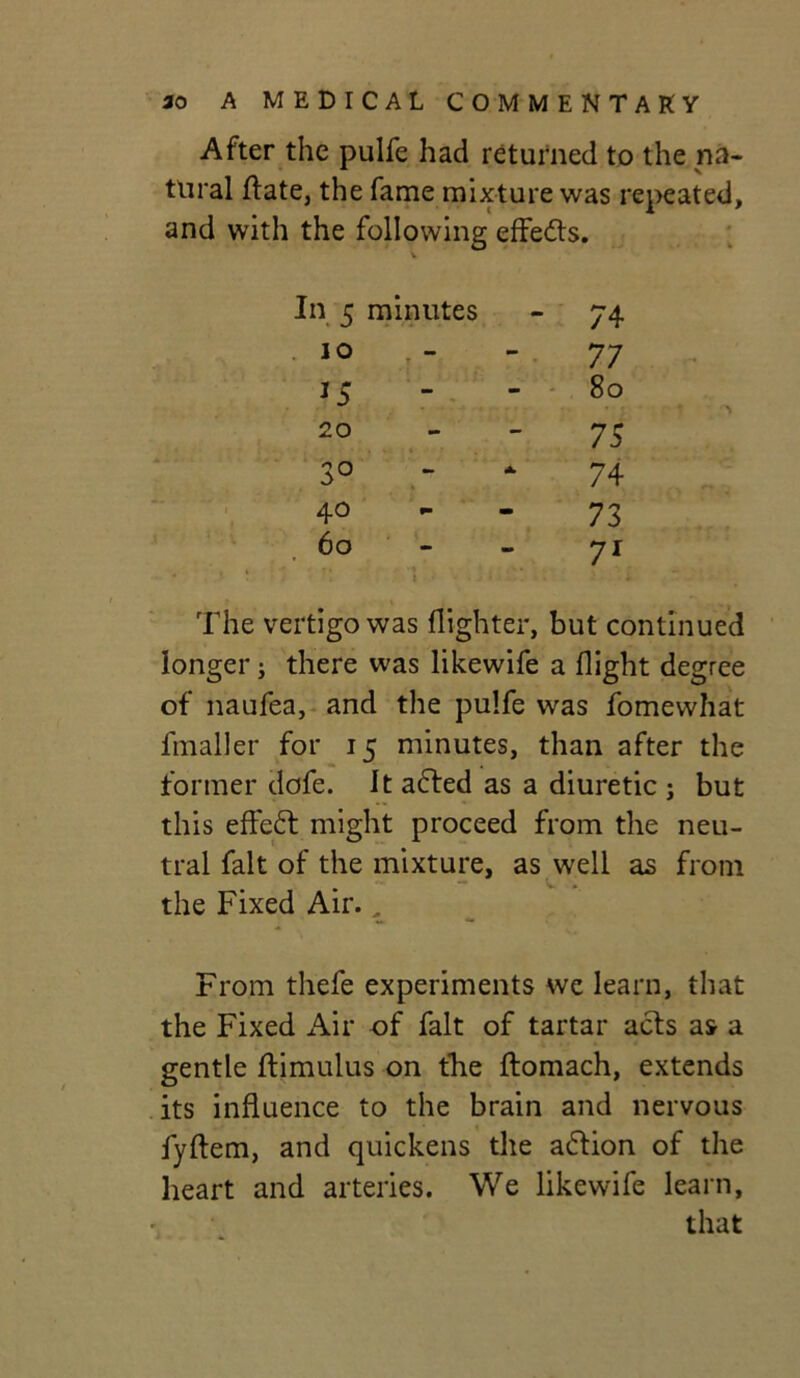 After the pulfe had returned to the na- tural ffate, the fame mixture was repeated, and with the following effects. In 5 minutes 74 10 77 15 80 20 75 3° 74 40 73 60 71 The vertigo was {lighter, but continued longer; there was likewife a flight degree of naufea, and the pulfe was fomewhat fmaller for 15 minutes, than after the former dofe. It aFted as a diuretic ; but this effect might proceed from the neu- tral fait of the mixture, as well as from . - v . the Fixed Air., From thefe experiments wc learn, that the Fixed x\ir of fait of tartar acts as a gentle ftimulus on the ftomach, extends its influence to the brain and nervous fyftem, and quickens the action of the heart and arteries. We likewife learn, that