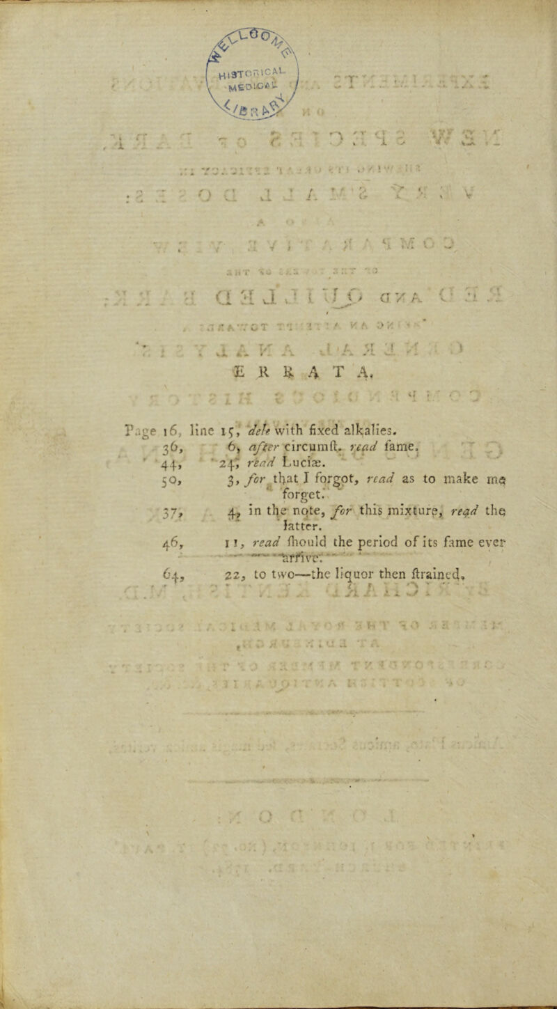 ; \T # » , r • 1 / * t • » ^ . I V / - / ■ 4.. » . « JL t » * V • •% ii T «* ;i <I '‘I J. I‘f f' av (X ' ■ ' « *1 /v. ^ ' O /T^’VCT T 'l I ’ * ' y.h :>■/ * vi 4- T, -V . \ V, if , • .r IL R 3i 4 T A. i« p •T V Page i6, line i^,* V*?/# with fixed alkalies. 36,  6) rt/?er circumfl:. tame. ' '44, '•24'J Luciae. '  50» 3> I as to make in<s ^ forget.” 37^ . 4., in tl^e-note, ^<?r this mixture, the 'latter. 46, II, read fhould the period of its fiime ever ' “•'•iiffivr: *“••■ ■ 64, 22, to two—the liquor then ftrained, ..... . ^ . ^ ii ^ - w* ^JL JL *, i 1 -* •* » e . - I ■ : .r ^ 5< i-T ;■ ^ I • 1. 4 '• /; * r 4 * i- ; 'f» »: . ^ •:- -'.'f *. •/ V 4 •. / {j '' , « » ^ •*,-.• • • ' • 3 * ' i ^ '->* O .' * ■ - /■V I' ■ . - > * \ < ,.* \ ¥ V
