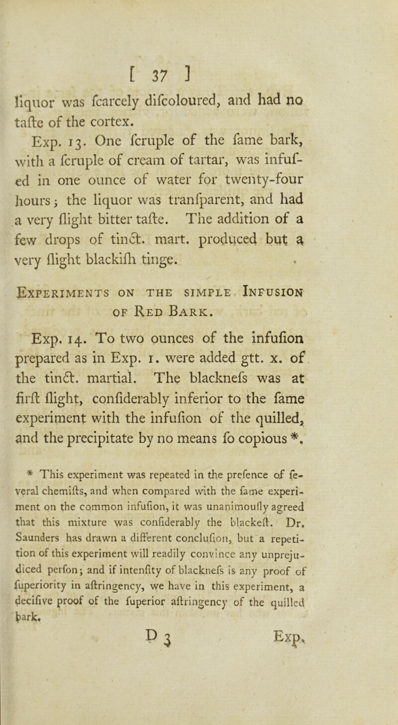 liquor was fcarcely difcoloured, and had no tafte of the cortex. Exp. 13. One fcruple of the fame bark, with a fcruple of cream of tartar, was infuf- ed in one ounce of water for twenty-four hours; the liquor was tranfparent, and had a very flight bitter tafte. The addition of a few drops of tincl. mart, produced but a ' very flight blackifli tinge. Experiments on the simple Infusion OF Red Bark. Exp. 14. To two ounces of the infufion prepared as in Exp. i. were added gtt. x. of. the tln6l. martial. The blacknefs was at firft flight, confiderably inferior to the fame experiment with the infuflon of the quilled, and the precipitate by no means fo copious * This experiment was repeated in the prefence of fe- veral chemifts, and when compared with the fame experi- ment on the common infufion, it was unanimoufly agreed that this mixture was confiderably the blacked. Dr. Saunders has drawn a different conclufion, but a repeti- tion of this experiment will readily convince any unpreju- diced perfon; and if intenfity of blacknefs is any proof of fuperiority in aftringency, we have in this experiment, a decifive proof of the fuperior aftringency of the quilled J)ark. D 3 Exp.