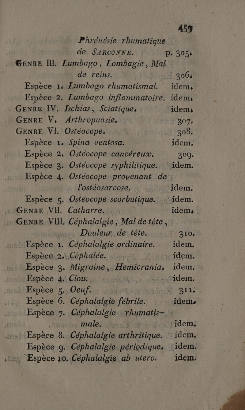 453 Phrenesie rhumatique de SARCONNE. P: 305: GENRE Ill. Lumbago, Lombagie, Mal de reins. F4 79061 Espèce 1, Lumbago rhumatismal. idem, Espèce 2. Lumbago inflammatoire. idem, GENRE IV. Ischias, Sciatique, idems . GENRE V, Arthropuosie. 307. GENRE VI. Ostéocope. 308. Espèce 1, Spina ventosa. idem. Espèce 2, Ostéocope cancéreux. 309. Espèce 3. Ostéocope syphilitique. ‘idem. Espèce 4. Osteocope provenant de l’ostéosarcose. idem. Espèce 5. Osteocope scorbutique. ‘idem. GENRE VII Catharre. …. idem, GENRE VIIL Cephalalgie, Mal de tête, : | Douleur de tête. 310. Espèce 1. Céphalalgie ordinaire. idem. Espèce 2,1 Céphalée. | idem. Espèce 3, Migraine, Hemicrania, idem. Espèce. &amp;\ Clos 0 RL, : “idem. Espèce 5. Oeuf. À AS HAE 2 LL PU …:.. Espèce 6. Céphalalgie fébrile. - idems Espèce 7. Céphalalgie rhumatis- male. ST D'ou aswidens es Espèce 10. Céphalalgie ab utero. idem.