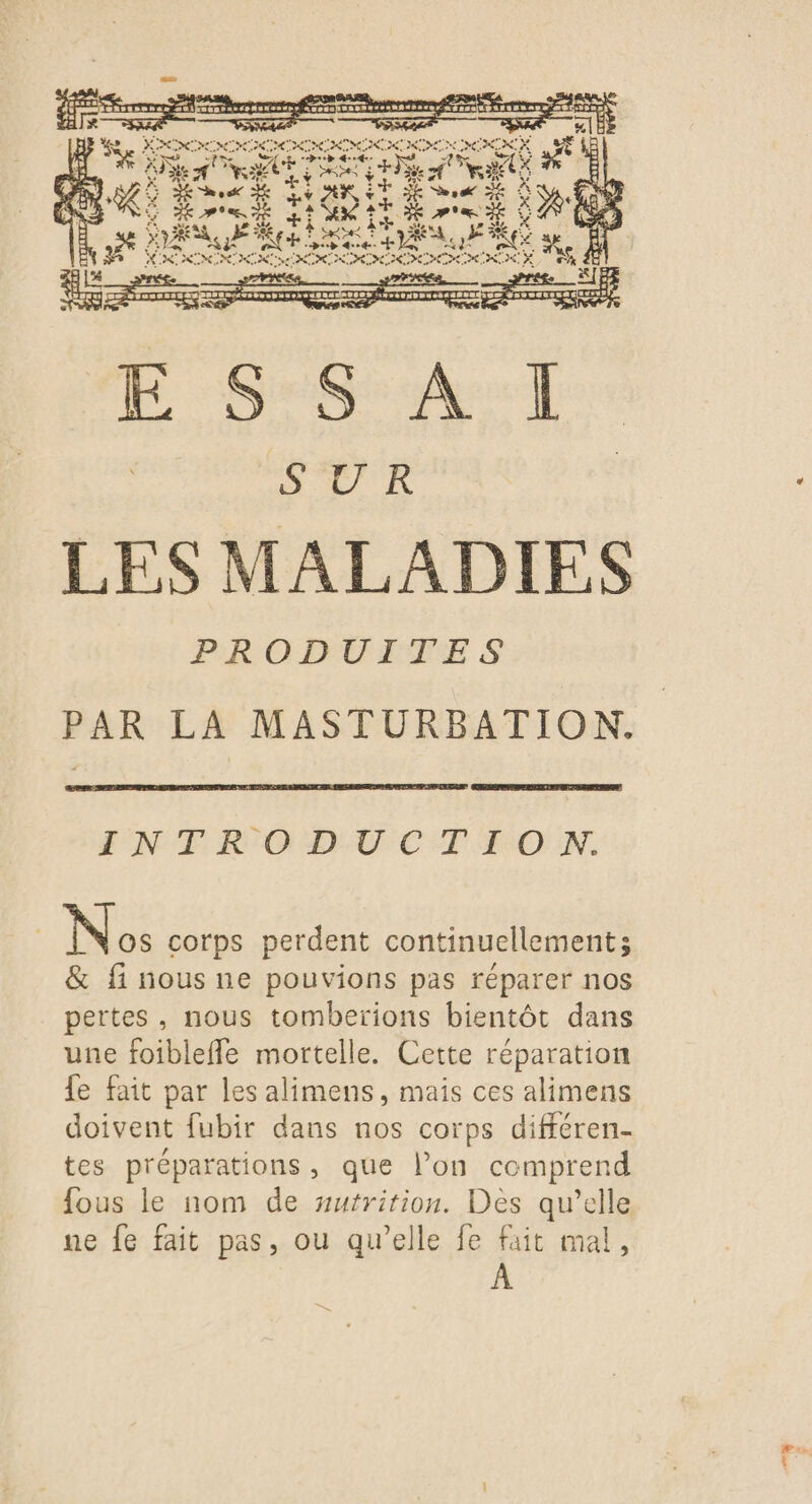 à SORT » 5e A PL U RE NT DA LUE AC Ne XXOMON EEE See AR . Se LES MALADIES PRODUITES PAR LA MASTURBATION. INTRODUCTION. Nos corps perdent continuellement; &amp; fi nous ne pouvions pas réparer nos pertes, nous tomberions bientôt dans une foibleffle mortelle. Cette réparation le fait par les alimens, mais ces alimens doivent fubir dans nos corps différen- tes préparations, que lon comprend fous le nom de sutrition. Dès qu’elle ne fe fait pas, ou qu'elle fe fait mal, +