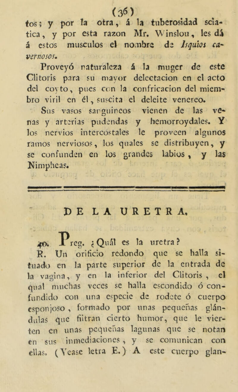 (3á) tos; y por la otra, á la tuberosidad scía- tica, y por esta razón Mr. Winsloii, les dá á estos músculos el nombre de Isquios r4- vernosos. Proveyó naturaleza á la mngcr de este Clltoris para su mayor delectación en el acto del covto, pues C(m la confricación del miem- bro viril en él, suscita el deleite venereo. Sus vasos san guineos vienen de las ve- nas y arterias pudendas y hemorroydales. Y los nervios intercostales le proveen algunos ramos nerviosos, los quales se distribuyen, y se confunden en los grandes labios , y las Nimpheas. DE LA URETRA, ^ i Quál es la uretra? R. Un orificio redondo que se halla si- tuado en la parte superior de la entrada de la vagina, y en la inferior del Clitoris , el qual muchas veces se halla escondido ó con- fundido con una especie de rodete ó cuerpo esponjoso , formado por unas pequeñas glán- dulas que filtran cierto humor, que le vier- ten en unas pequeñas lagunas que se notan en sus inmediaciones , y se comunican con ellas. (Yease letra E.) A este cuerpo glan-