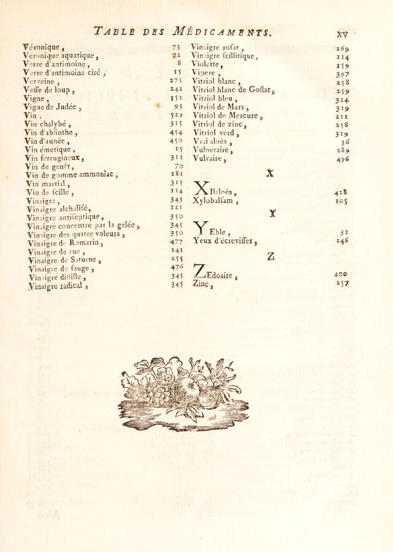 XV Véronique , 73 Véronique aquatique, 72- Verre d’antimoine, 8 V.'rre d’antimoine cire' y 15 Verveine , 2.73 VefTe de loup , 241 Vigne , lU Vigne de Judée 3, • 9 3 Vin , 519 Vin chalybé , 3M Vin d’ablinthe , 4H Vin d’aunée , 4^0 Vin émétique , 13 Vin ferrugineux, 3M Vin de genêt, 70 Vin de gomme ammonuc 181 Vin martial , 3IT Vin de fcille , 114 Vinaigre , 343 Vinaigre alcbalite. III Vinaigre antiîeptique. 350 Vinaigre concentré par la gelée , 34T Vin^i^re des quatre voleurs , 350 Vinaigre de Romarin, 477 Vinaigre de rue , 141 Vinaigre de Saturne , 2-55 Vinaigre de fauge , 47^ Vin dgre didille , 34Î yinaigre radical 3 34Î Vinaigre rofat , Vinaigre fcillitique II4 Violette, 159 Vipere , 397 Vitriol blanc , 258 Vitriol blanc de Goilafft 259 Vitriol bleu , 324 Vitriol de Mars , 3^9 Vitriol de Mercure 2, 211 Vitriol de zinc, 258 Vitriol verd , 319 Vrai aloès , 3<^ Vulnéraire, 28^ Vulvaire, X 49^ ^^Cllaloës, 428 Xylobalfam , X 10% Eble , 31 Yeux d’écrevilTes, Z 24^ /LjEàQàite, 20© Zinc, ^57,