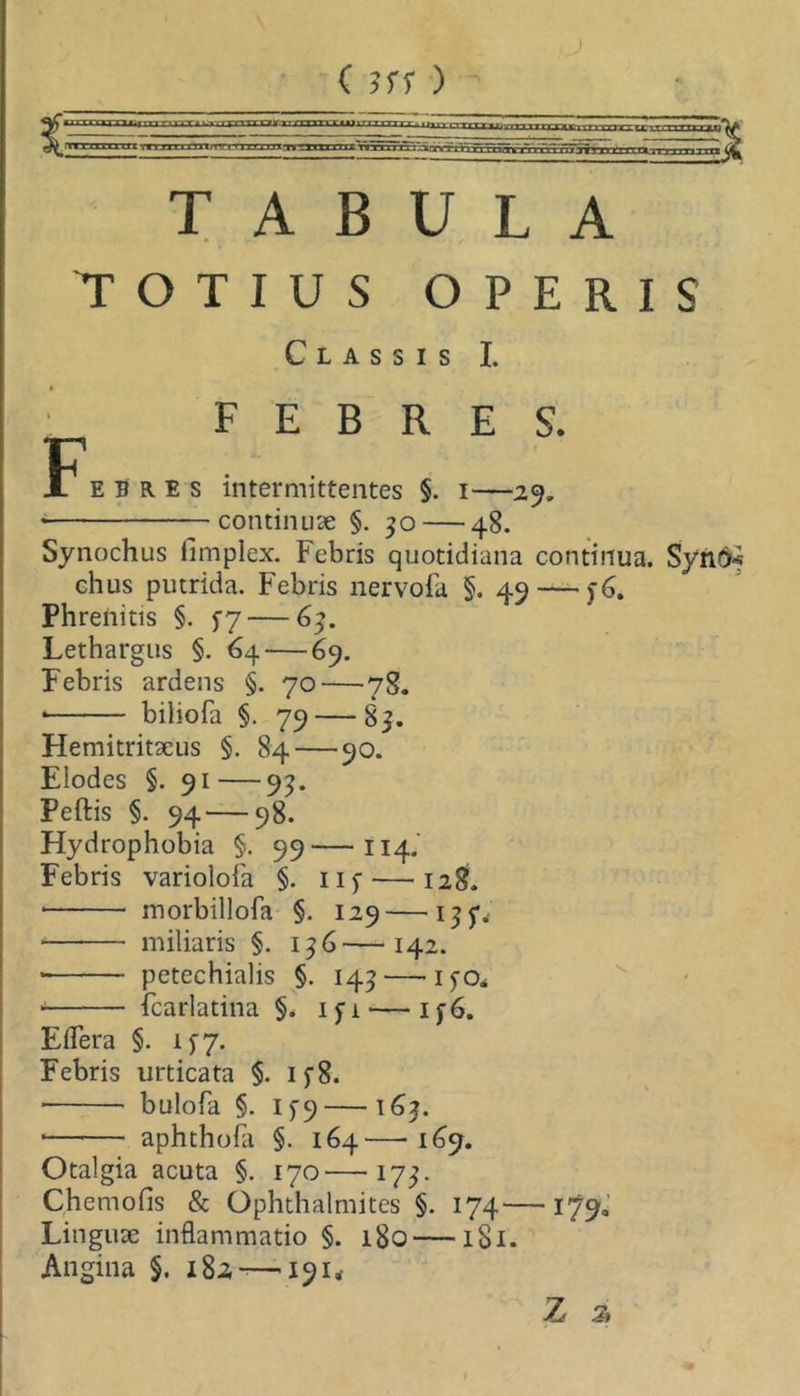 ( nr) ■ ■■»* *■«-»«»» j «'a aai;ax»iiffmimxTi'i 111 11 nt^jTi 11 n-rrraj^ii ■ n i» i ww ■ TABULA TOTIUS OPERIS F Classis L FEBRES. E B R E s intermittentes §. i—29. continuse §. 50 — 48. Synochus fimplex. Febris quotidiana continua. Syndi ehus putrida. Febris nervofa §. 49 — f6. Phrenitis §. 5-7 — 6^. Lethargus §. 64 — 69. Febris ardens §. 70 — 78. • biliofa §. 79 — 85. Hemitritseus §. 84—90. Elodes §. 91 —9^. Peftis §. 94 — 98. Hydrophobia §. 99—114.' Febris varioloia §. iif — 128?. ■ morbillofa §. 129—iSf- * miliaris §. 136—142. petechialis §. 145— fcarlatina §. ifi — if6, EfTera §. lyy. Febris urticata §. if8. bulofa §. if9—163. ■ aphthofa §. 164—•169. Otalgia acuta §. 170—175 Chemofis & Ophthalmites §. 174 — Lingux inflammatio §. 180 —181. Angina §. i8i-—191* 179.