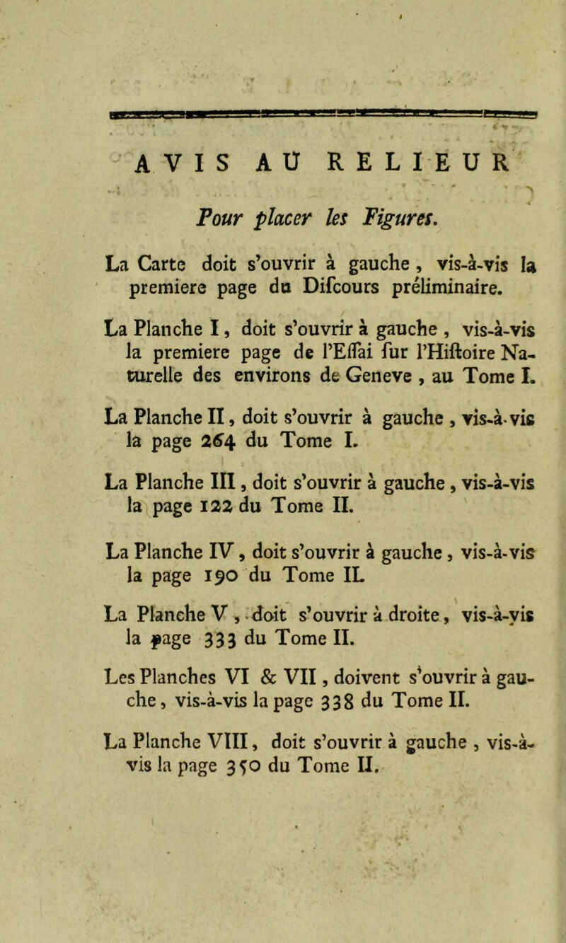 AVIS AU RELIEUR ~V ’ - -> Pour placer les Figures. La Carte doit s’ouvrir à gauche , vis-à-vis la première page du Difcours préliminaire. La Planche I, doit s’ouvrir à gauche , vis-à-vis la première page de PEflai fur l’Hiftoire Na- turelle des environs de Geneve , au Tome I. La Planche II, doit s’ouvrir à gauche , vis-à-vis la page 264 du Tome I. La Planche III, doit s’ouvrir à gauche , vis-à-vis la page 122 du Tome IL La Planche IV, doit s’ouvrir à gauche, vis-à-vis la page 190 du Tome IL -, La Planche V , doit s’ouvrir à droite, vis-à-vis la page 333 du Tome IL Les Planches VI & VII, doivent s’ouvrir à gau- che, vis-à-vis la page 338 du Tome IL La Planche VIII, doit s’ouvrir à gauche , vis-à- vis la page 350 du Tome II.